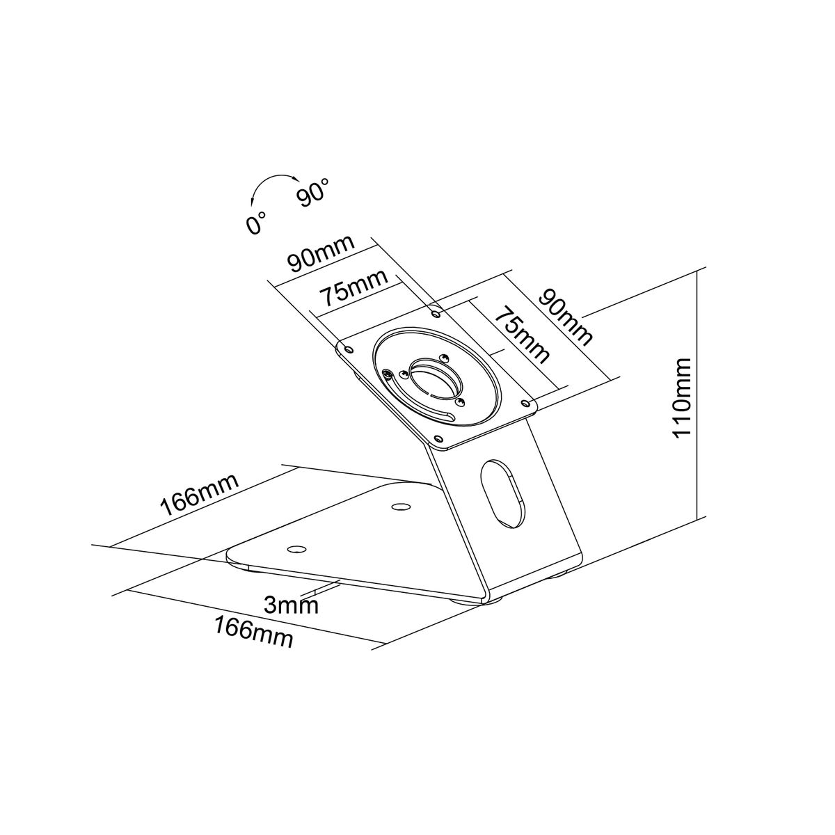 Een metalen standaard voor een monitor, met afmetingen en hoeken in zwart gemarkeerd.