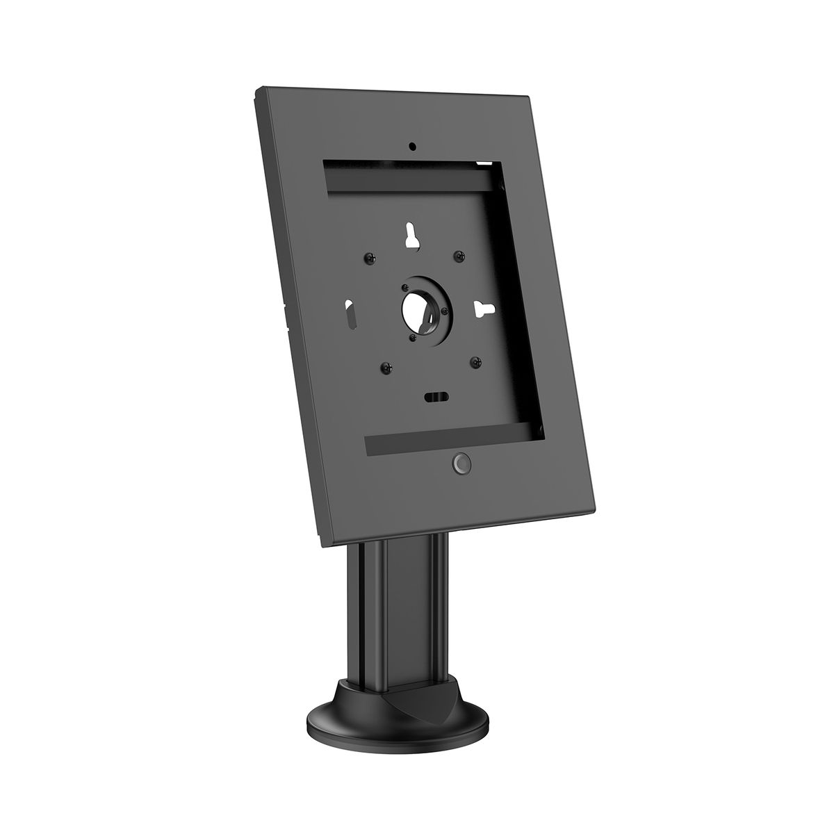 Support de tablette noir sur fond blanc. Le support est incliné et la base est ronde.