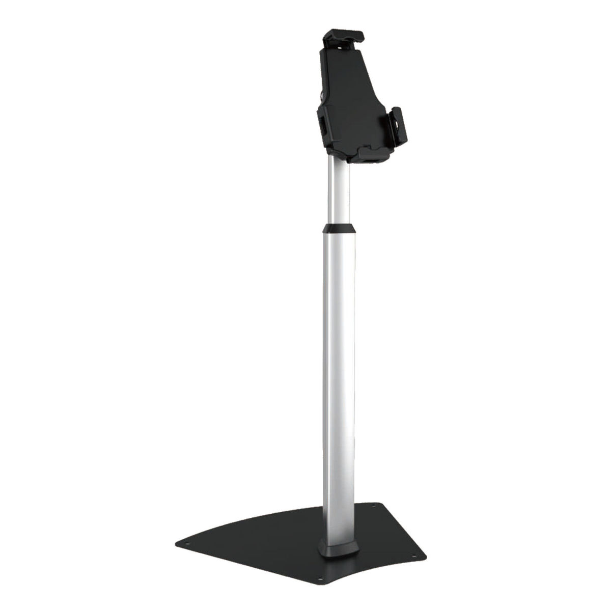 Un support de tablette noir et argent, avec une base triangulaire.