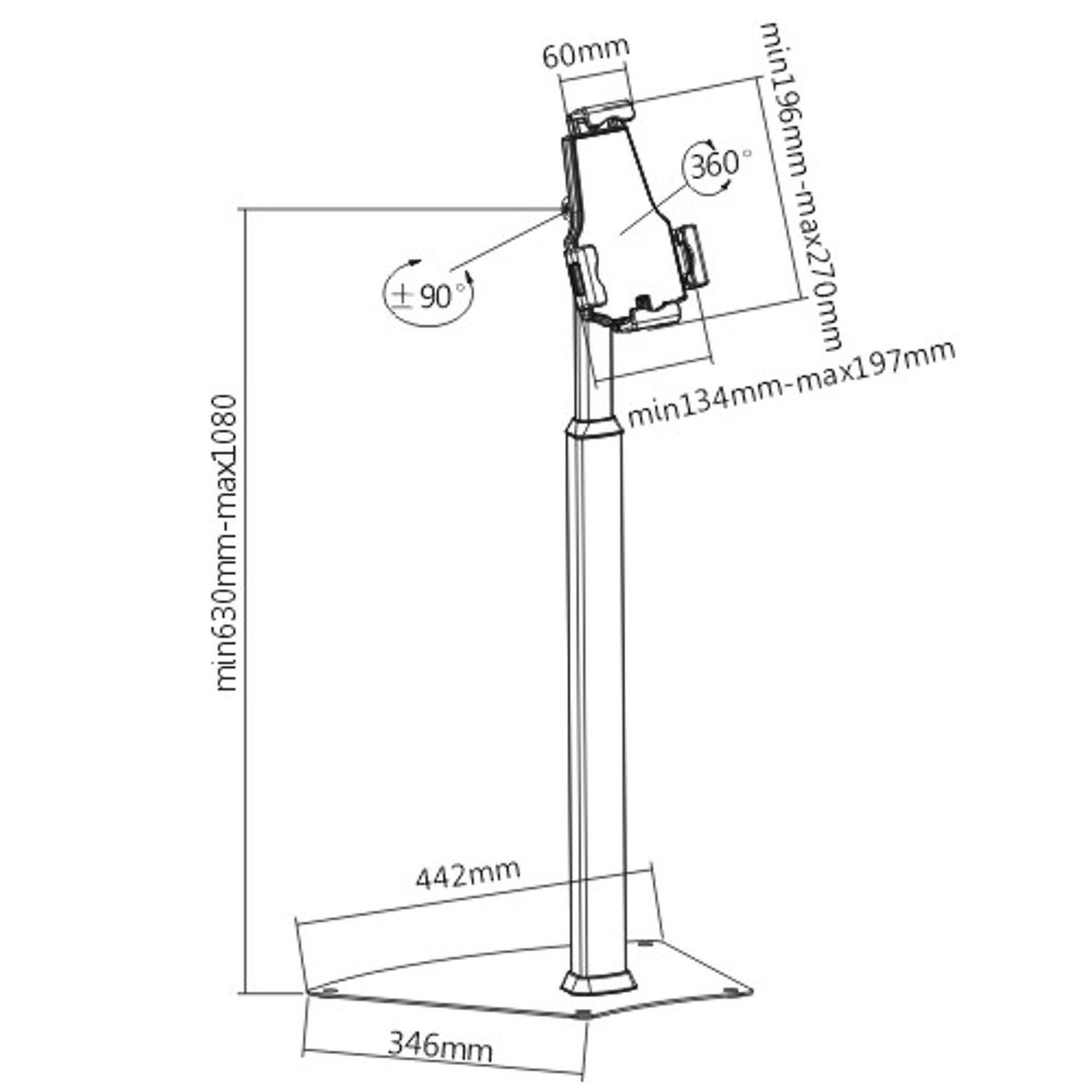 Diagramme d'un support avec dimensions. Le support est noir avec un support pour téléphone. Mesures en mm.