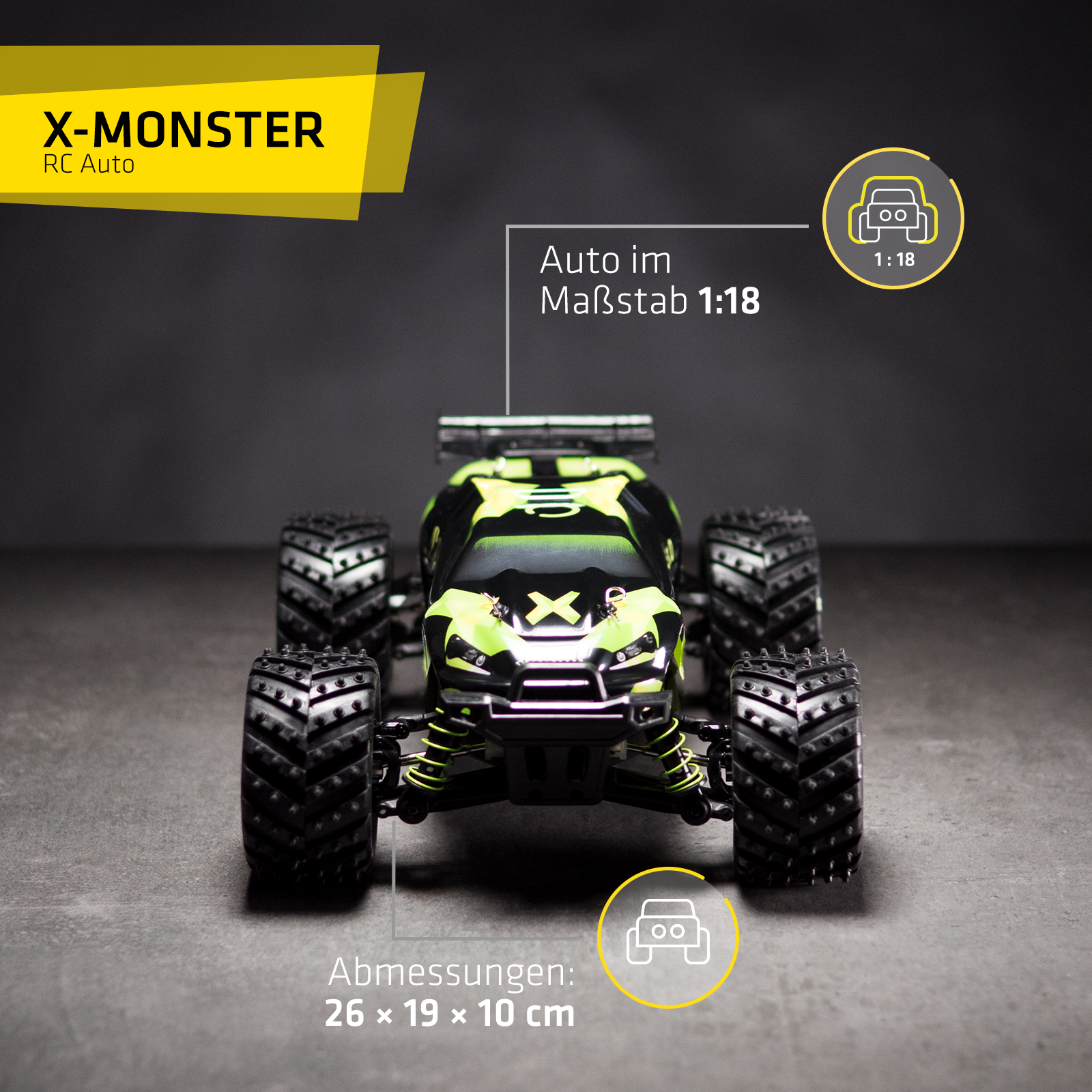 Schwarz-grünes RC-Auto-Spielzeug mit X-Monster-Logo.