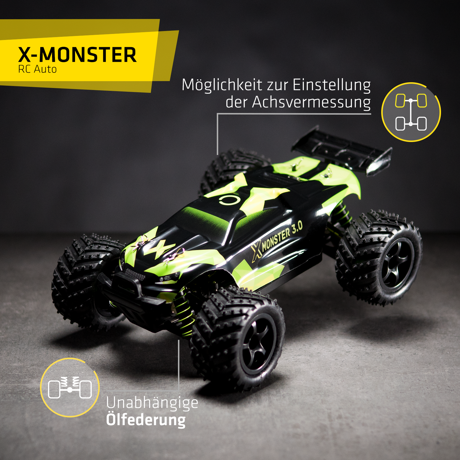 Ein schwarz-grünes ferngesteuertes Auto mit Rennsportdesign auf grauer Oberfläche. Pfeile zeigen auf Merkmale.