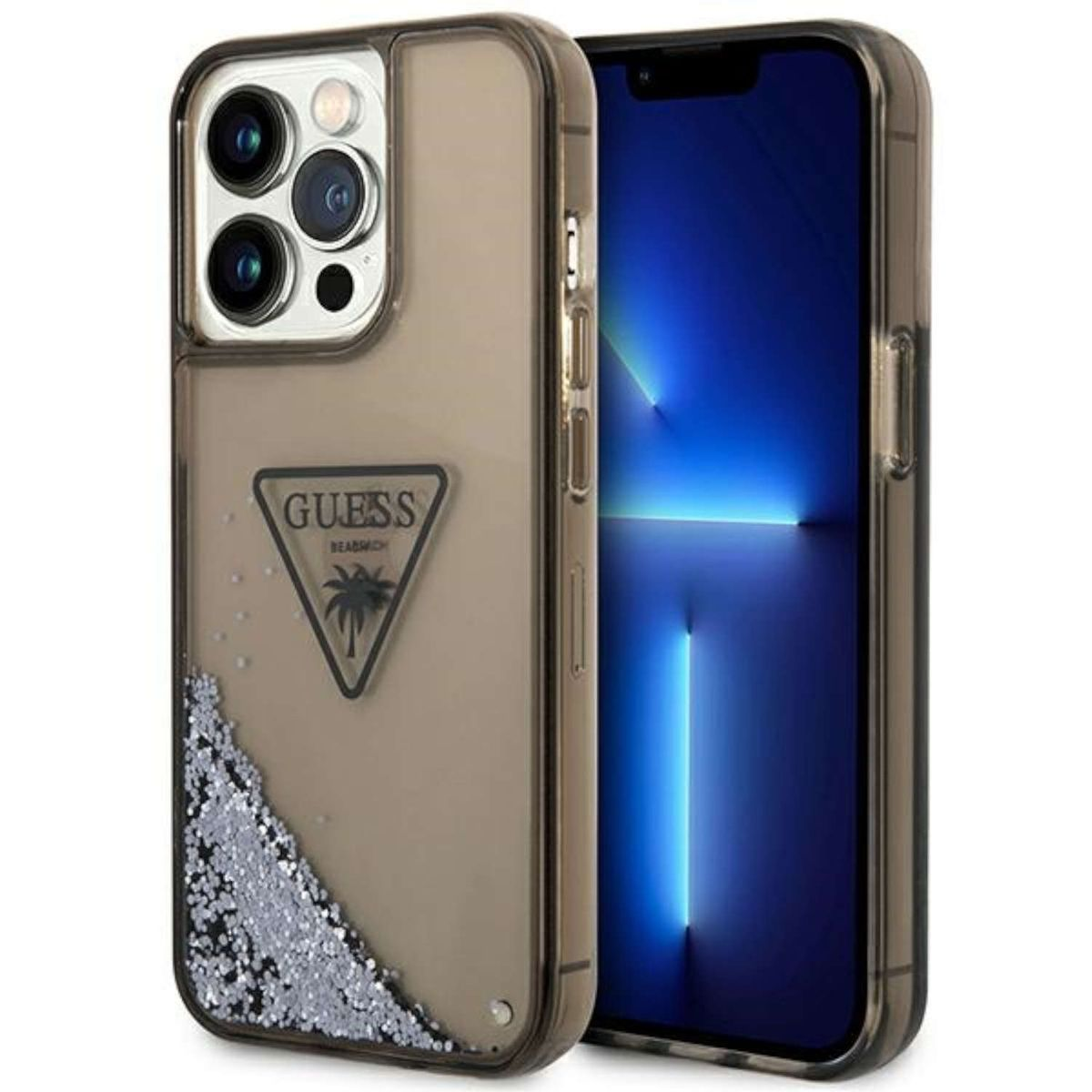 Telefono in custodia con glitter e logo Guess. La custodia ha una sezione trasparente e lo schermo è visibile.