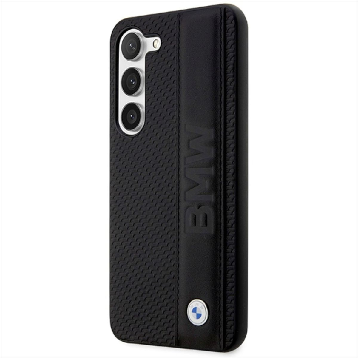 Una custodia per telefono nera con il logo e il testo BMW su sfondo bianco.