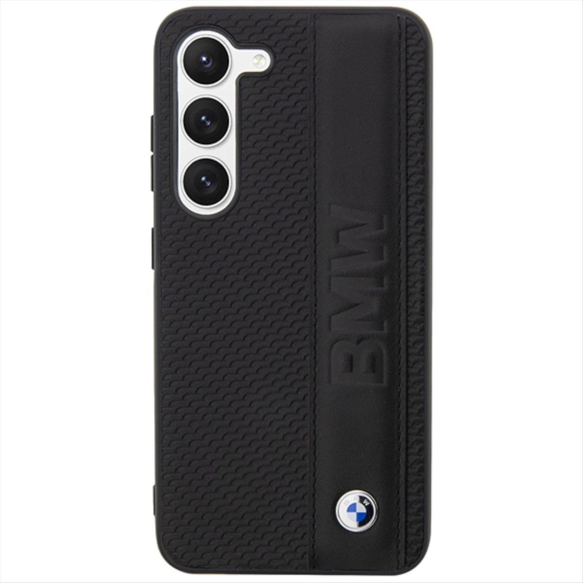 Una custodia per telefono nera con logo BMW e motivo nero strutturato.