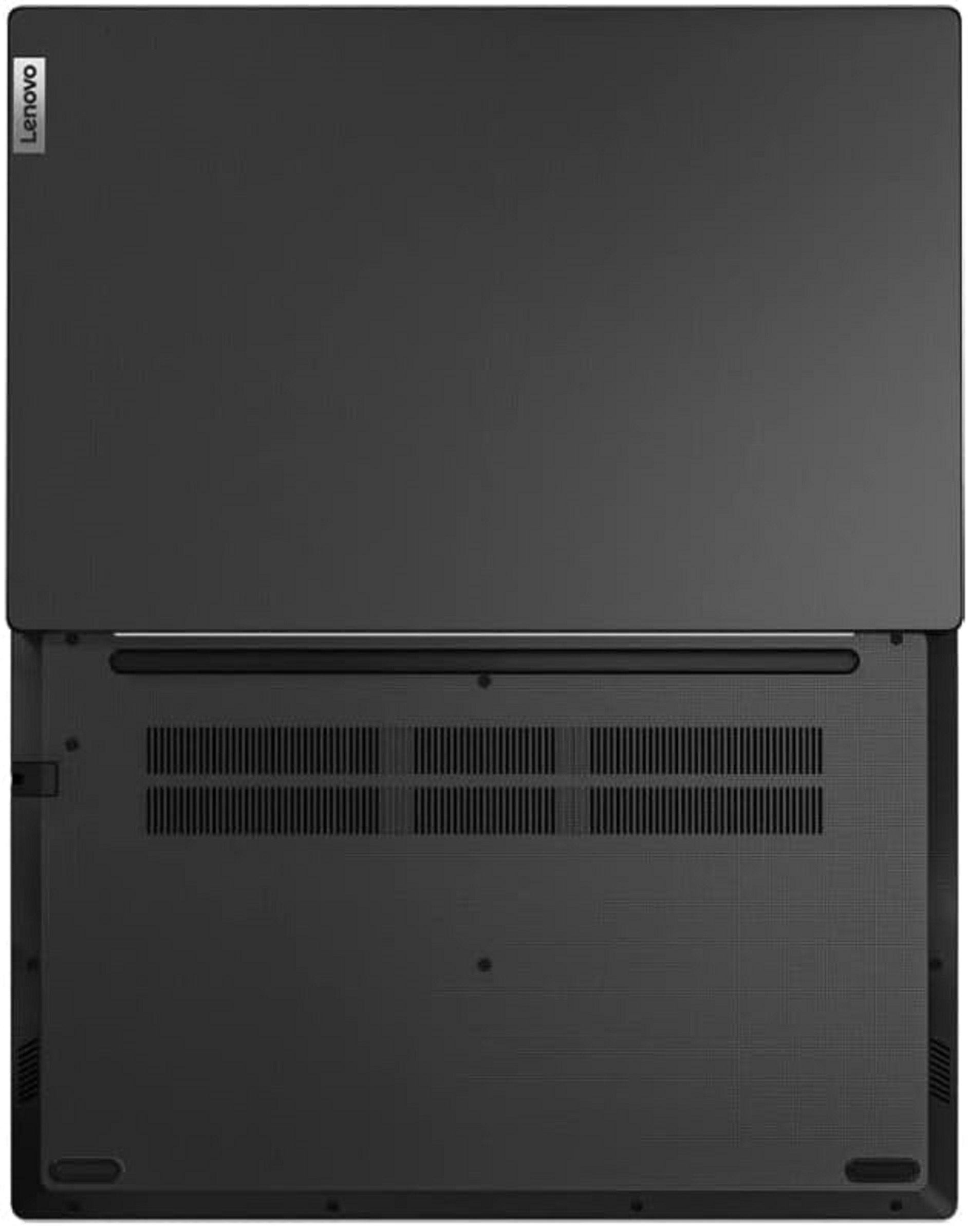 Schwarzer Laptop, Draufsicht, Lenovo-Logo auf dem Deckel.