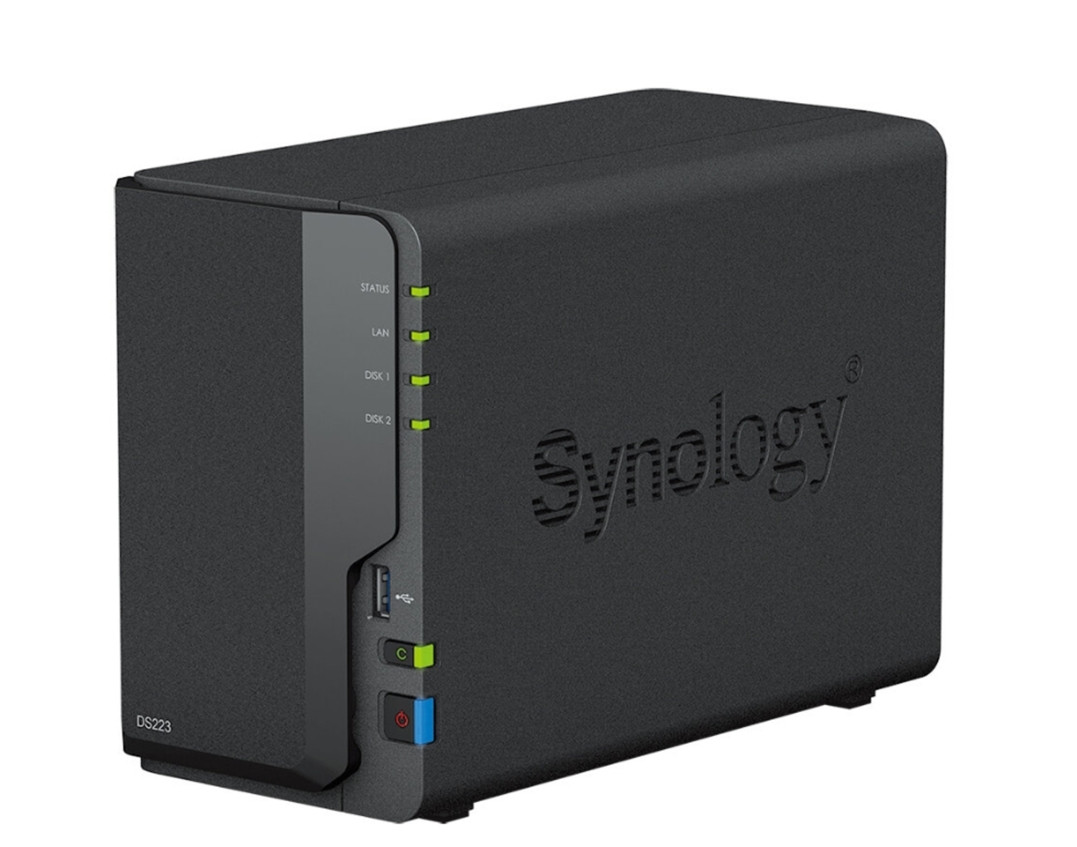 Ein schwarzes Synology NAS-Gerät mit grünen und blauen Lichtern und dem Synology-Logo.