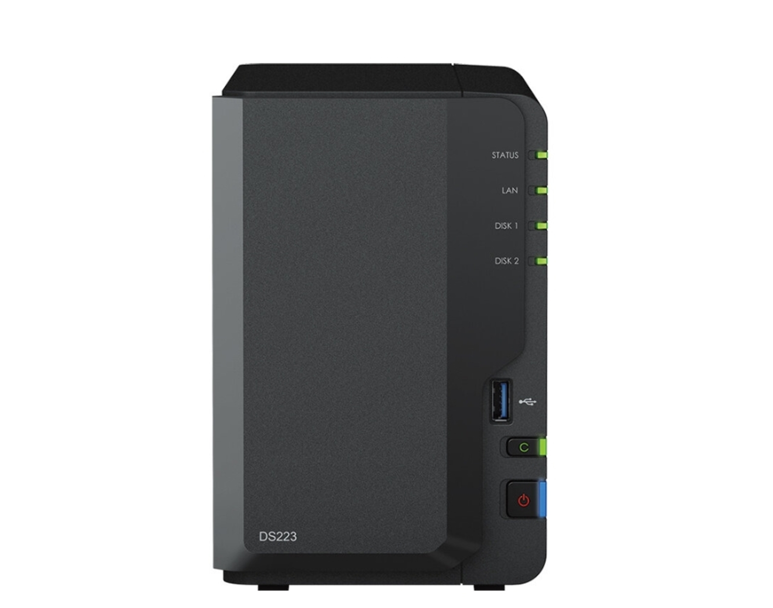 Schwarzer NAS-Server. Verfügt über Lichter für Status, LAN und Festplattenaktivität sowie USB- und Ein-/Aus-Tasten.