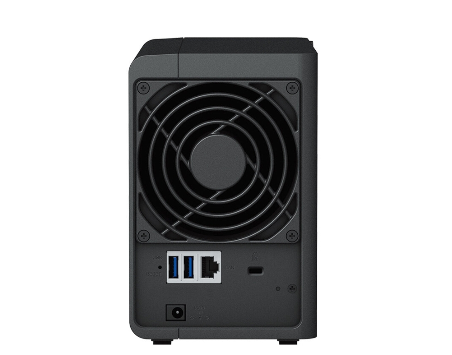 Schwarzer NAS-Server, Rückansicht, mit Lüfter, Anschlüssen und Stromeingang. Sauberes, funktionales Design, weißer Hintergrund.