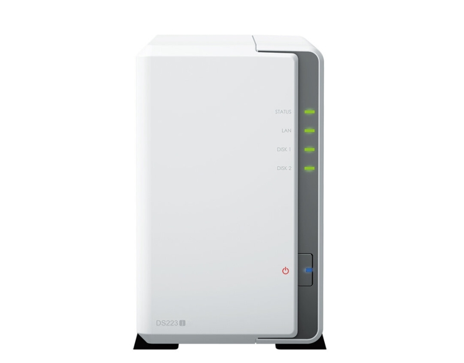 Weißes NAS-Gerät (Network Attached Storage) mit Statusleuchten und einem Ein-/Ausschalter.