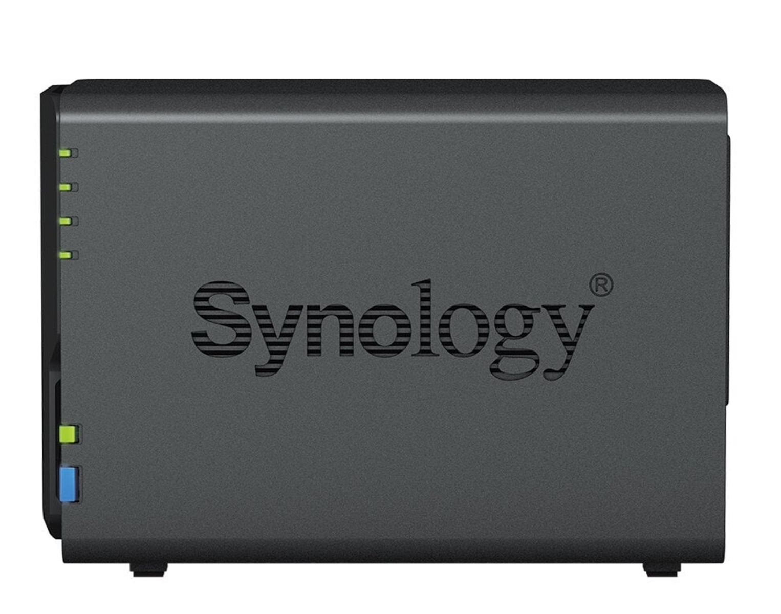 Ein schwarzes Synology NAS-Gerät mit dem Markennamen auf der Vorderseite.