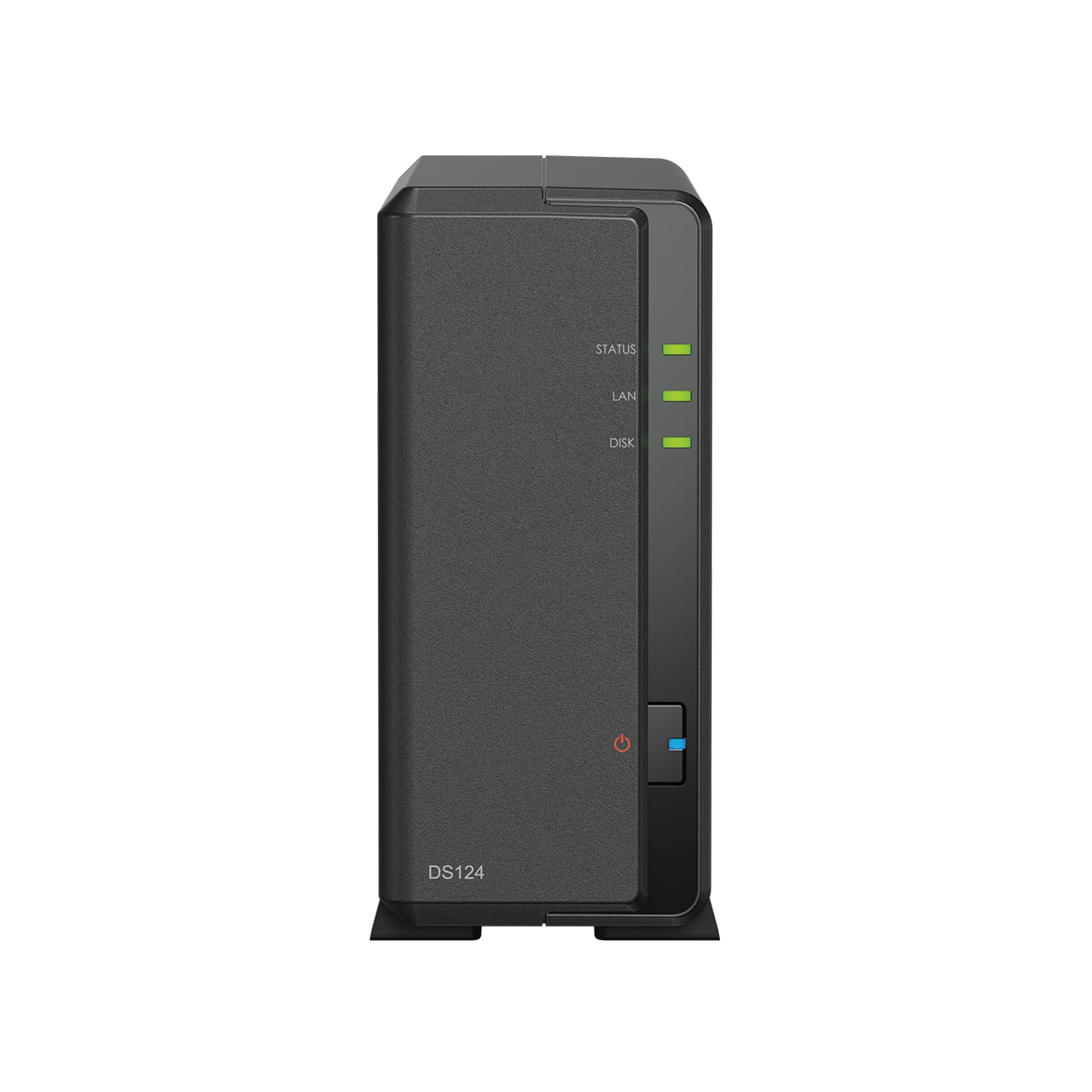Ein schwarzes NAS-Gerät (Network Attached Storage) mit Statusanzeigen und der Bezeichnung 'DS124'.
