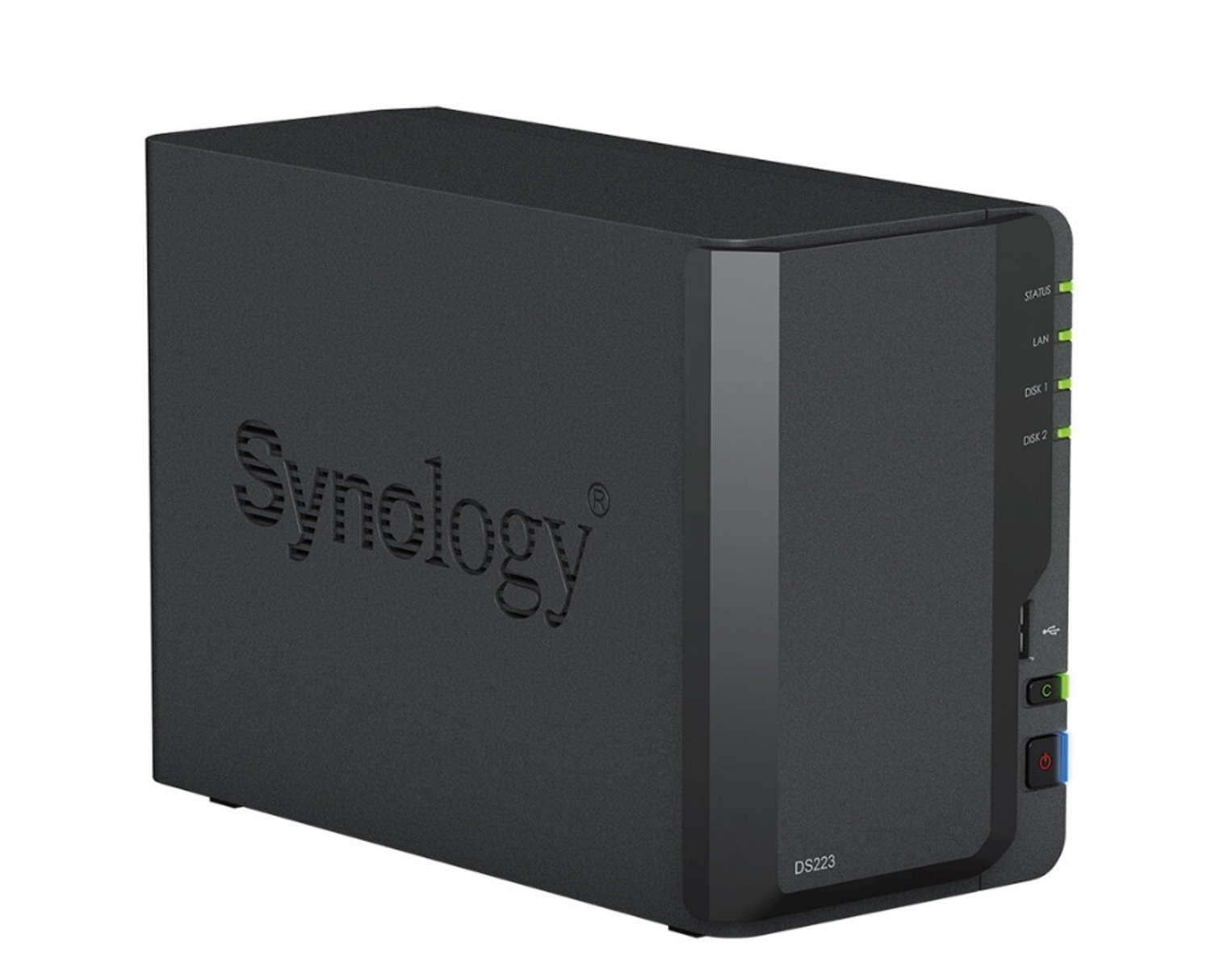 Schwarzes Synology DS223 NAS-Gerät, mit Statusanzeigen und sichtbaren Anschlüssen.