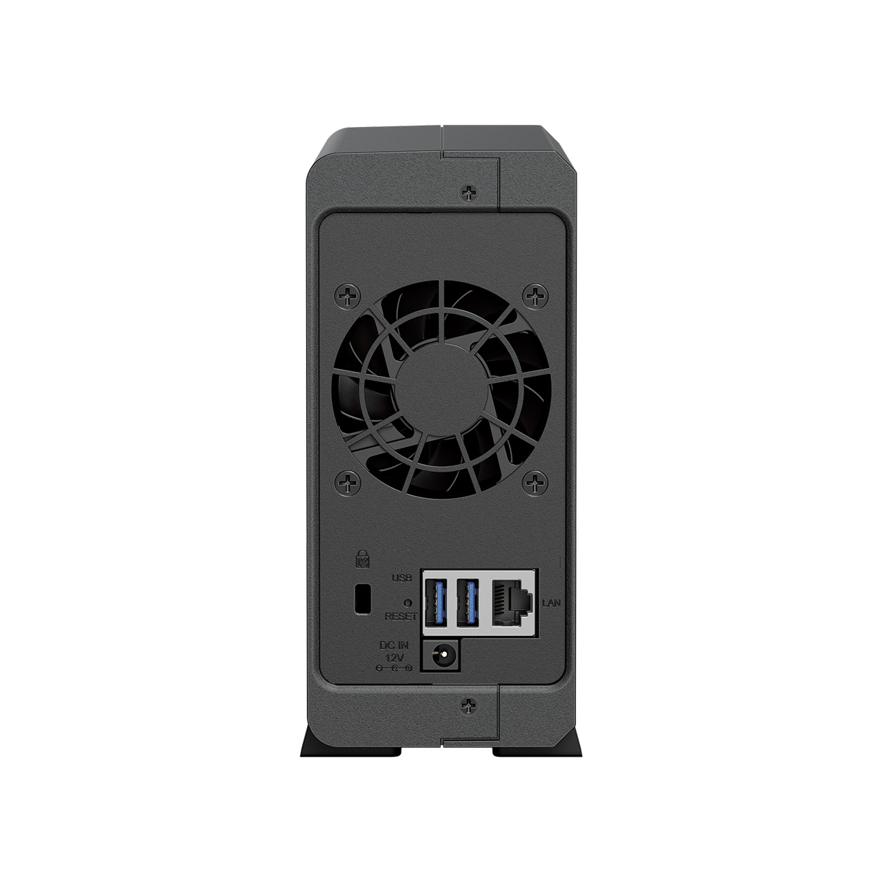 Rückansicht eines schwarzen NAS-Servers mit Lüfter, USB- und LAN-Anschlüssen.