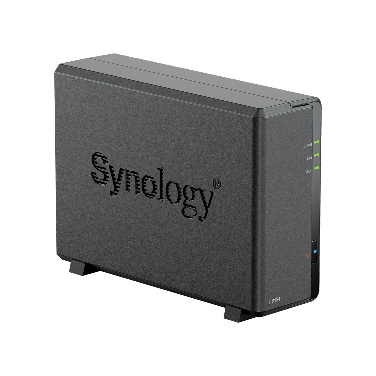 Ein schwarzes Synology NAS-Gerät mit Synology-Logo und Statusanzeigen, bezeichnet als 'DS124'.