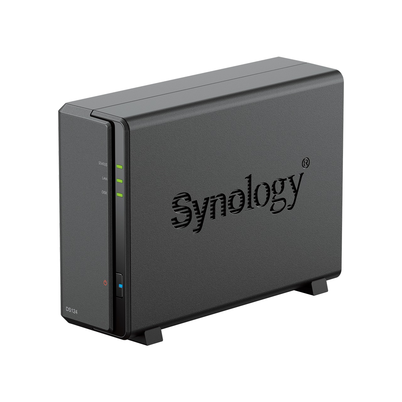 Schwarzes Synology NAS-Gerät auf weißem Hintergrund. Mit Synology-Logo und Kontrollleuchten.