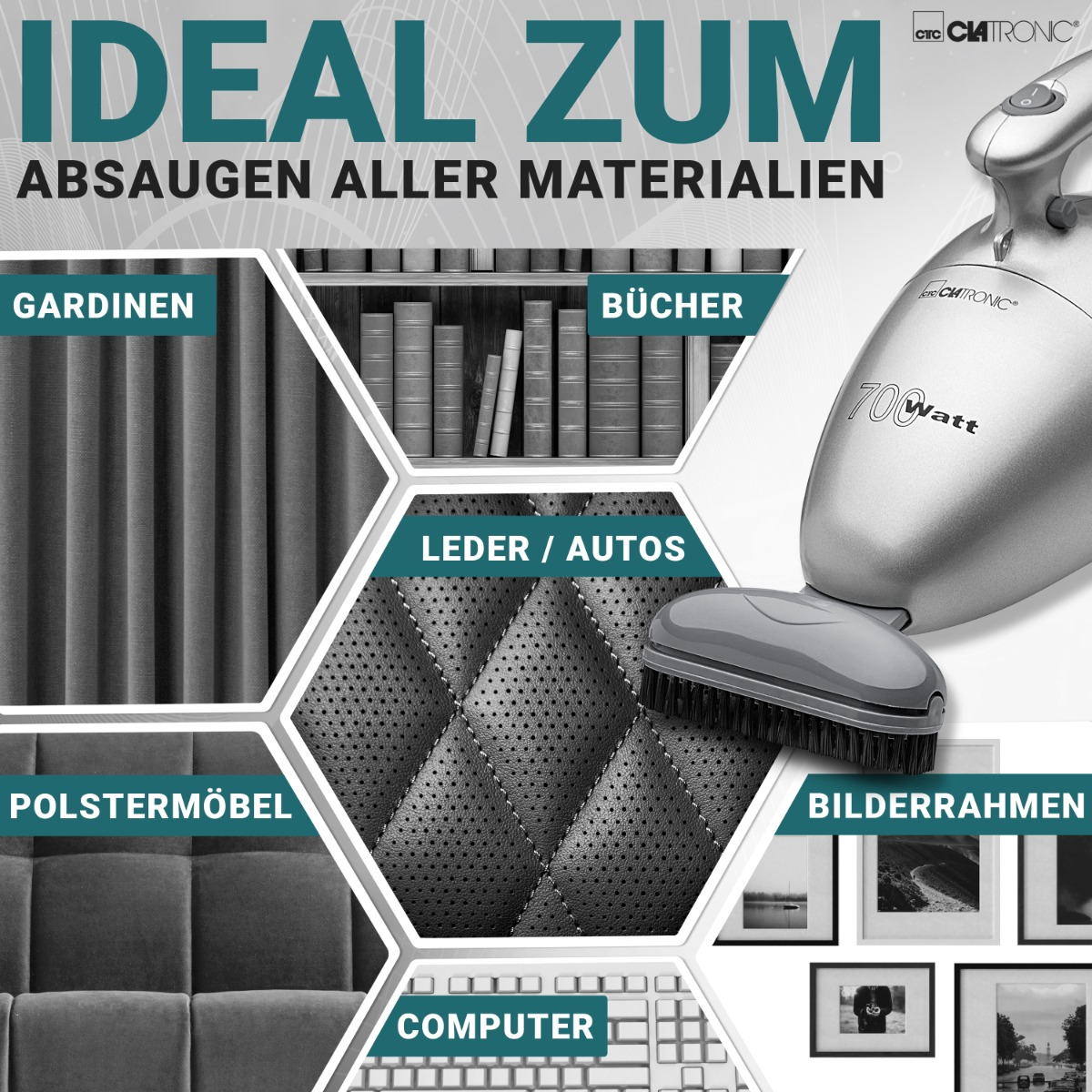 Kolaż przedmiotów czyszczonych odkurzaczem, przykłady to zasłony i książki.