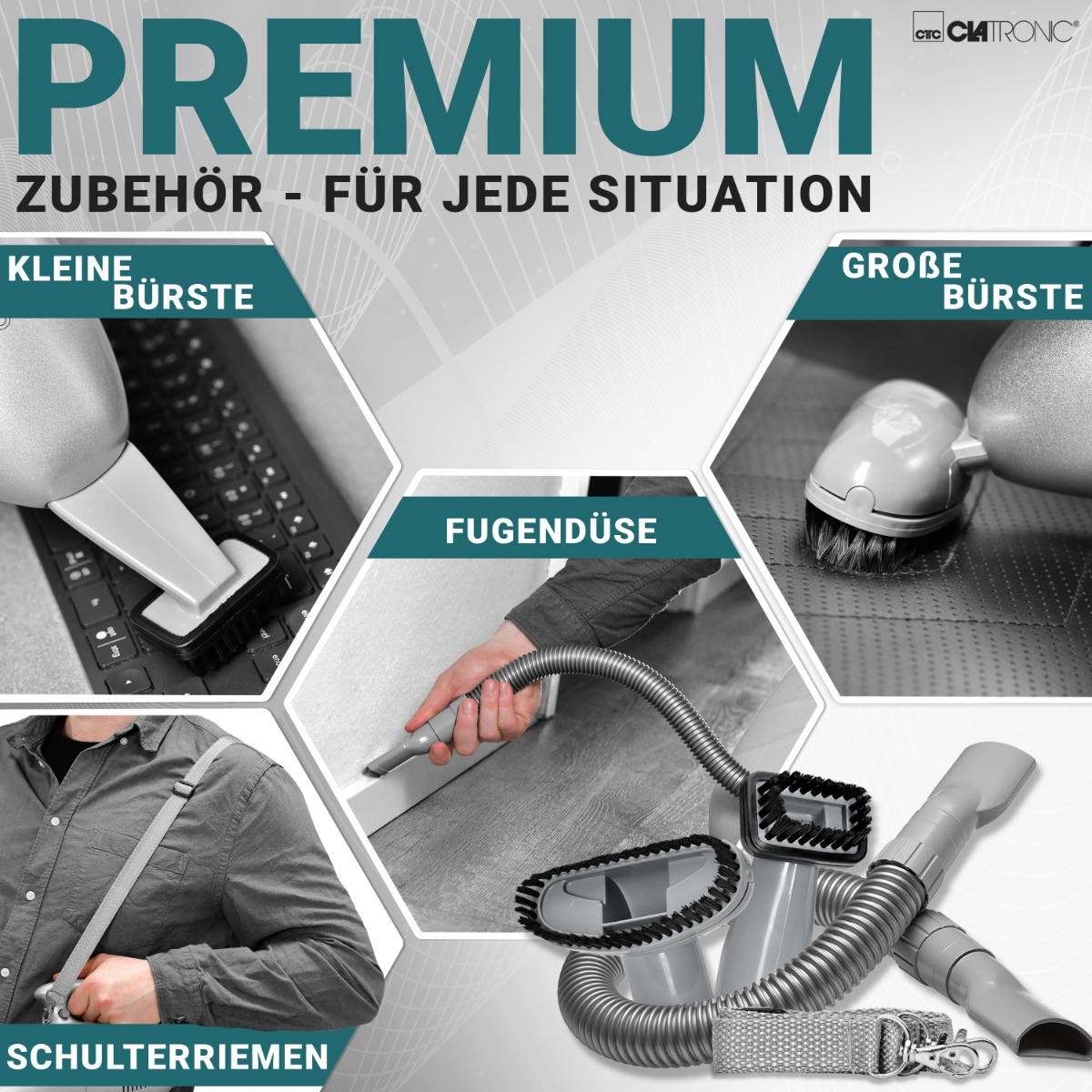 Różne nasadki do odkurzacza. Tekst: Akcesoria premium na każdą sytuację.