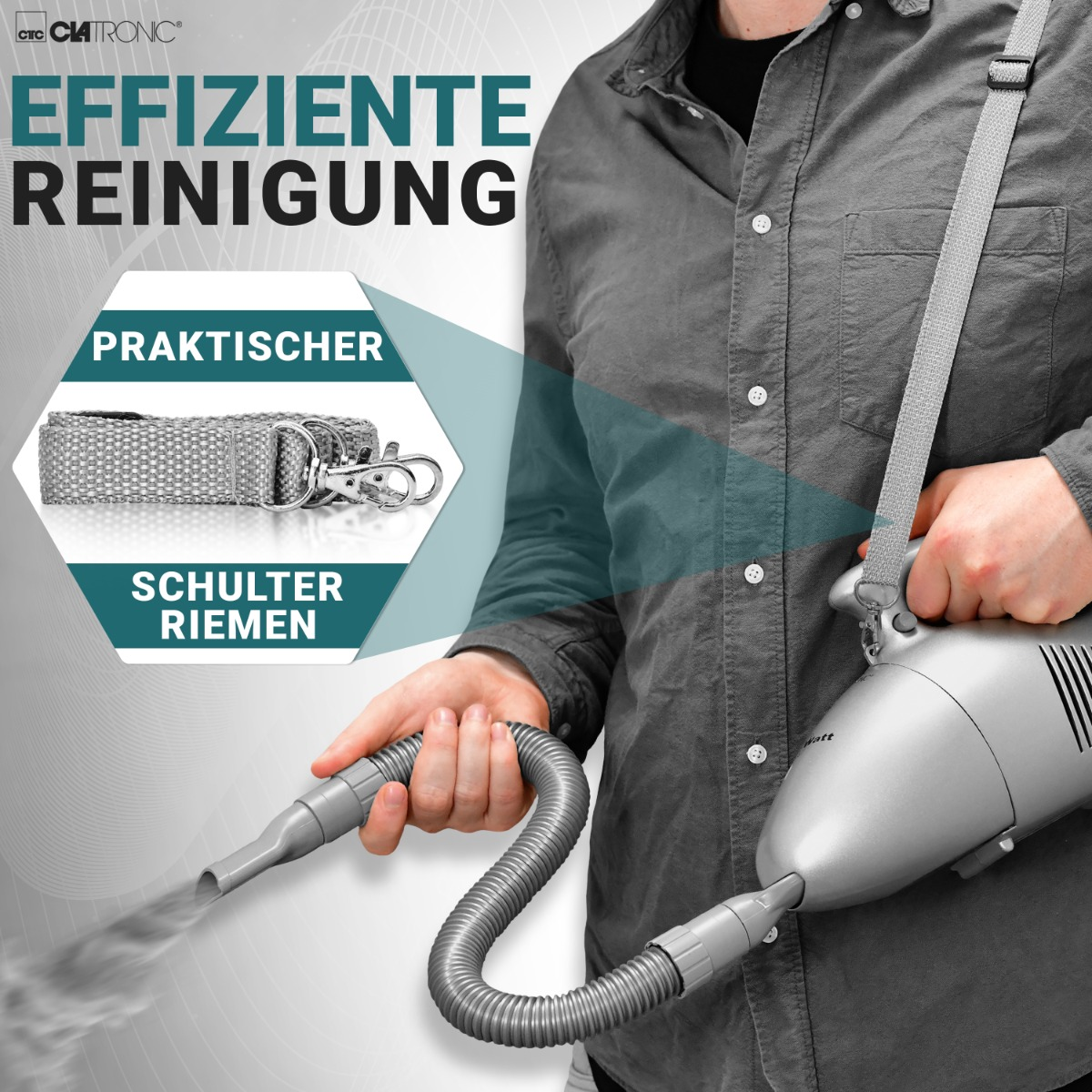 Mężczyzna trzymający odkurzacz z wężem. Tekst: wydajne czyszczenie, praktyczne i pasek na ramię.