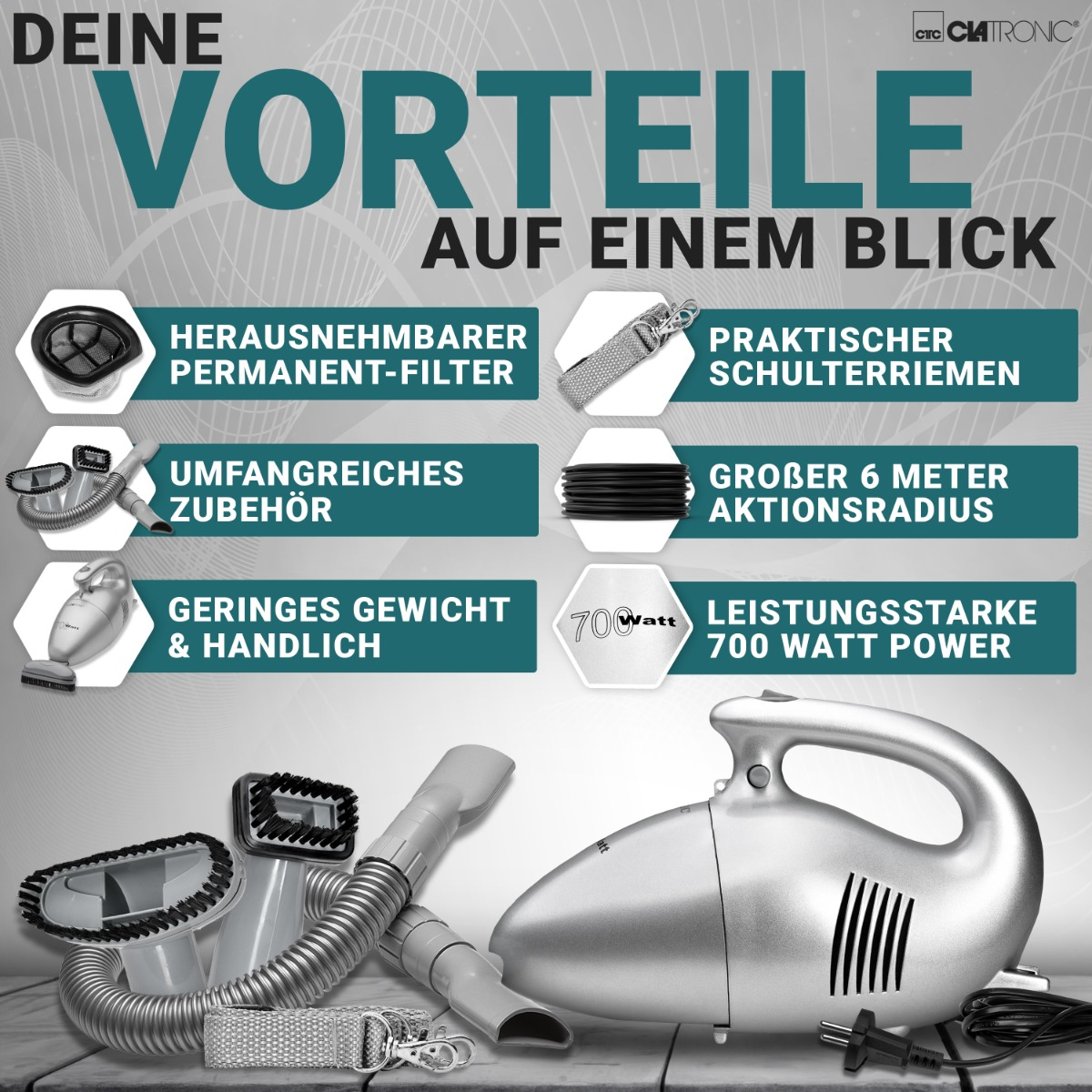 Odkurzacz z akcesoriami. Tekst i ikony. Srebrne i czarne kolory.