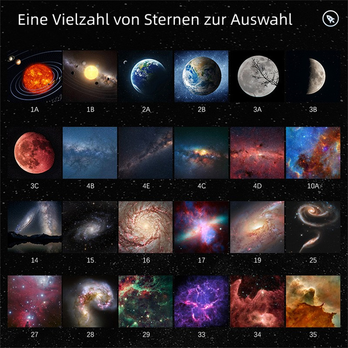 Ein Raster von 20 Bildern von Himmelskörpern. Der Titel lautet "Eine Vielzahl von Sternen zur Auswahl".