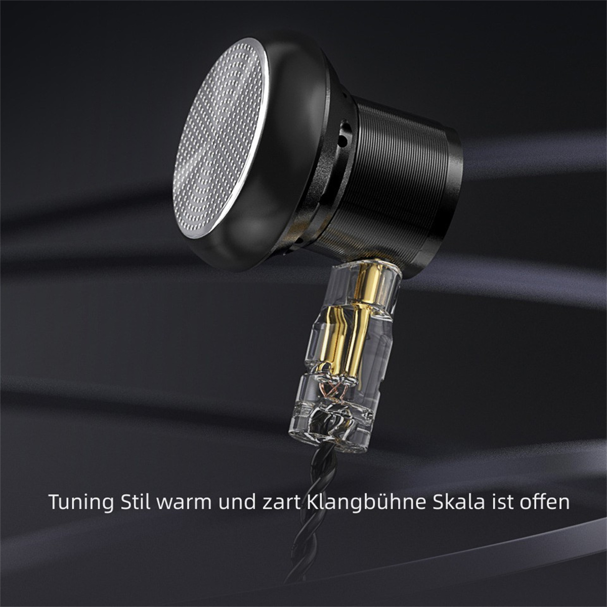 Schwarzer Kopfhörer mit transparentem Teil. Text: Tuning Stil warm und zart Klangbühne Skala ist offen.