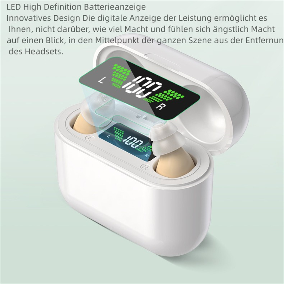Weißes Ladecase mit Ohrhörern. Zeigt den Batteriestatus auf einem kleinen Bildschirm im Case an.