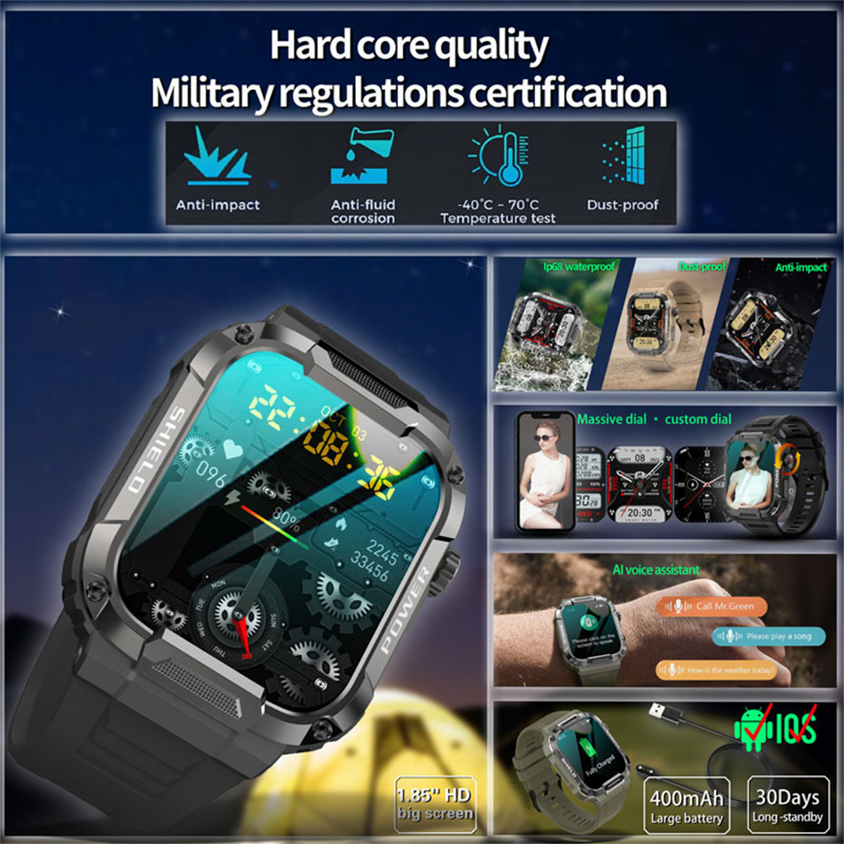 BRIGHTAKE Smartwatch Full Watch Touch Kieselgel, Smartwatch schwarz Blutdruck-Sauerstoff-Smartwatch mm, Smart 250 Schwarz