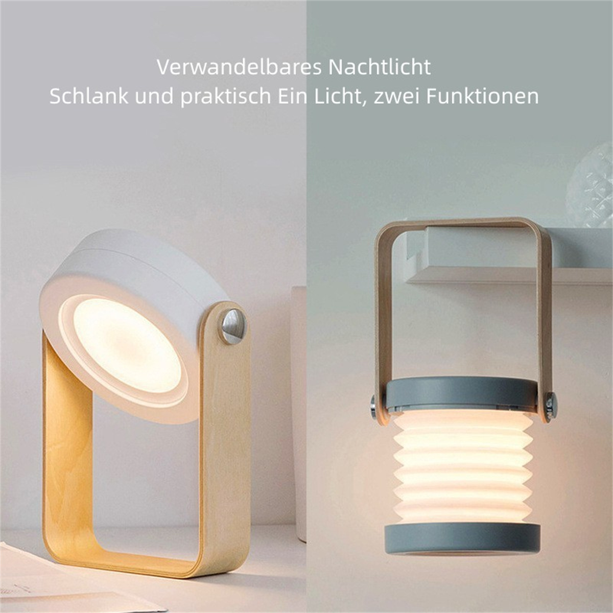 Eine weiße und holzfarbene Lampe, gezeigt in zwei Modi: als Spot und als Laterne.