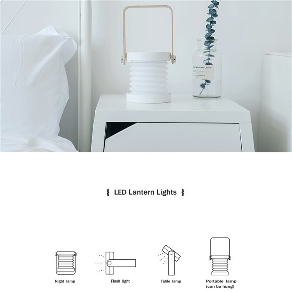 Weiße, erweiterbare Laterne mit Holzgriff auf einem weißen Nachttisch, mit einer Vase mit Pflanzen. Unten sind Diagramme für Lampentypen.