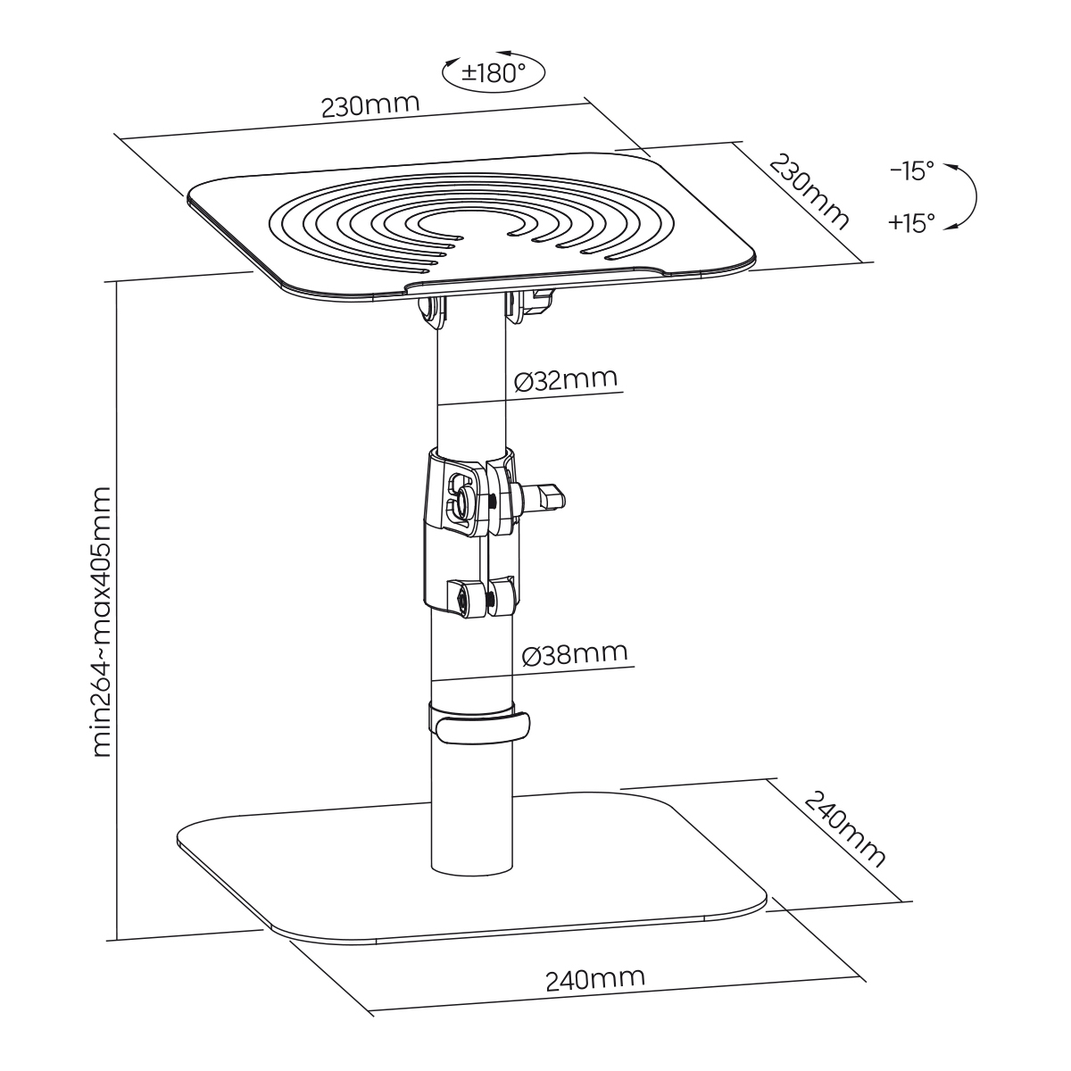 Diagramm eines Ständers für einen Lautsprecher, mit Maßangaben und Winkeln.