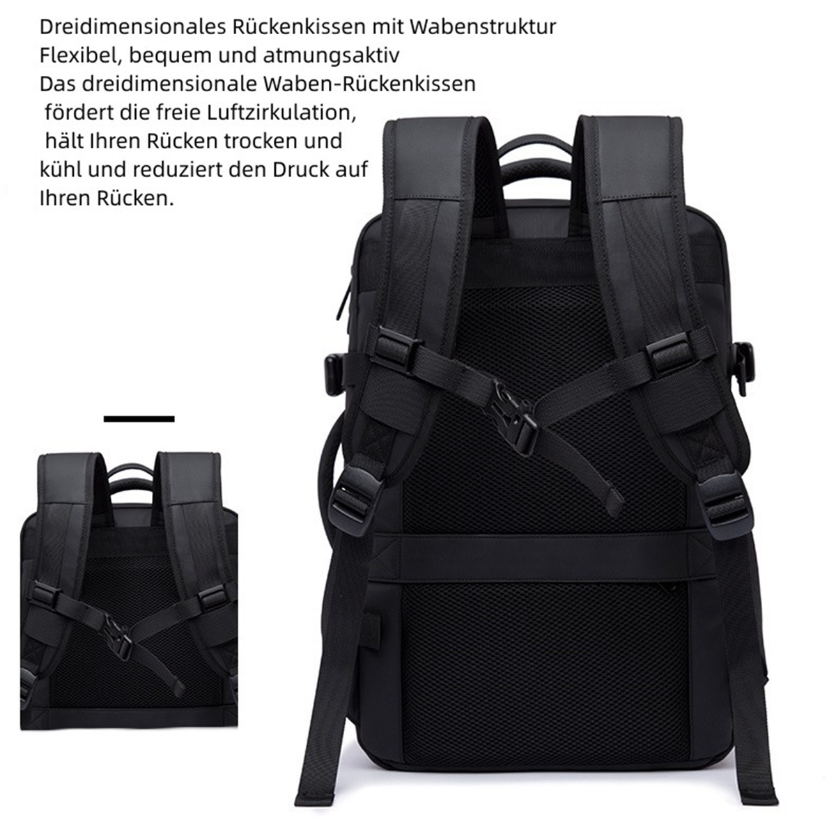 Schwarzer Rucksack mit Text. Der Rücken hat zwei Träger und einen separaten kleineren Rucksack.