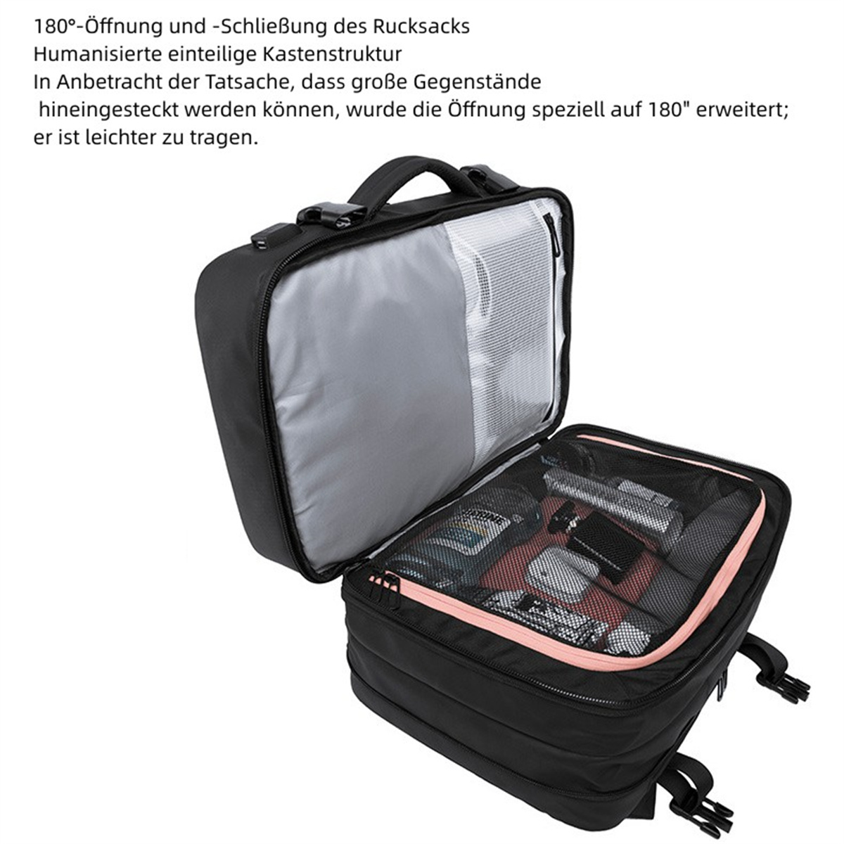 Ein schwarzer Rucksack mit offenen Fächern, die Gegenstände im Inneren zeigen.