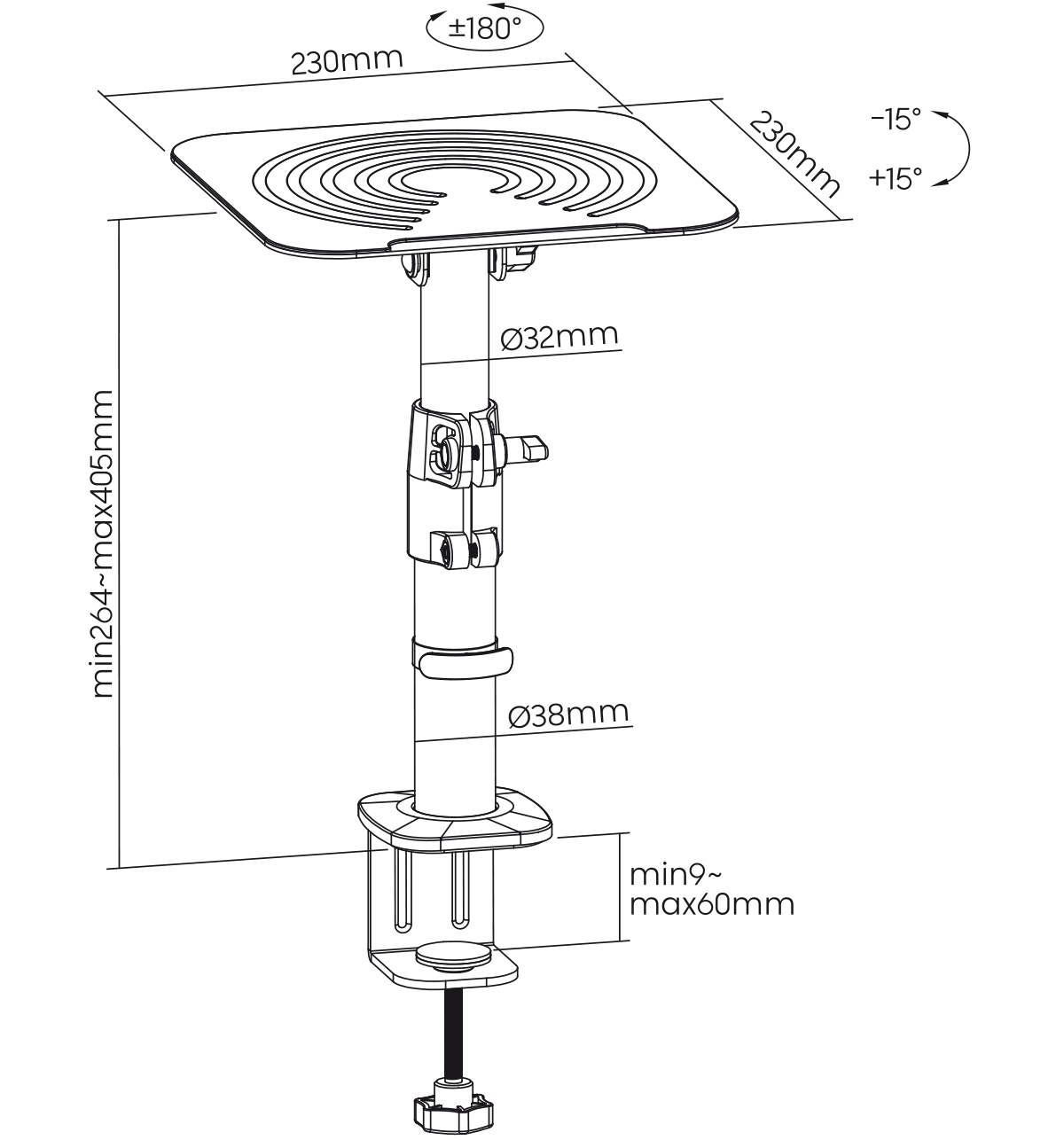 Diagramm einer Schreibtischhalterung für einen Laptop, das Abmessungen und verstellbare Teile zeigt.
