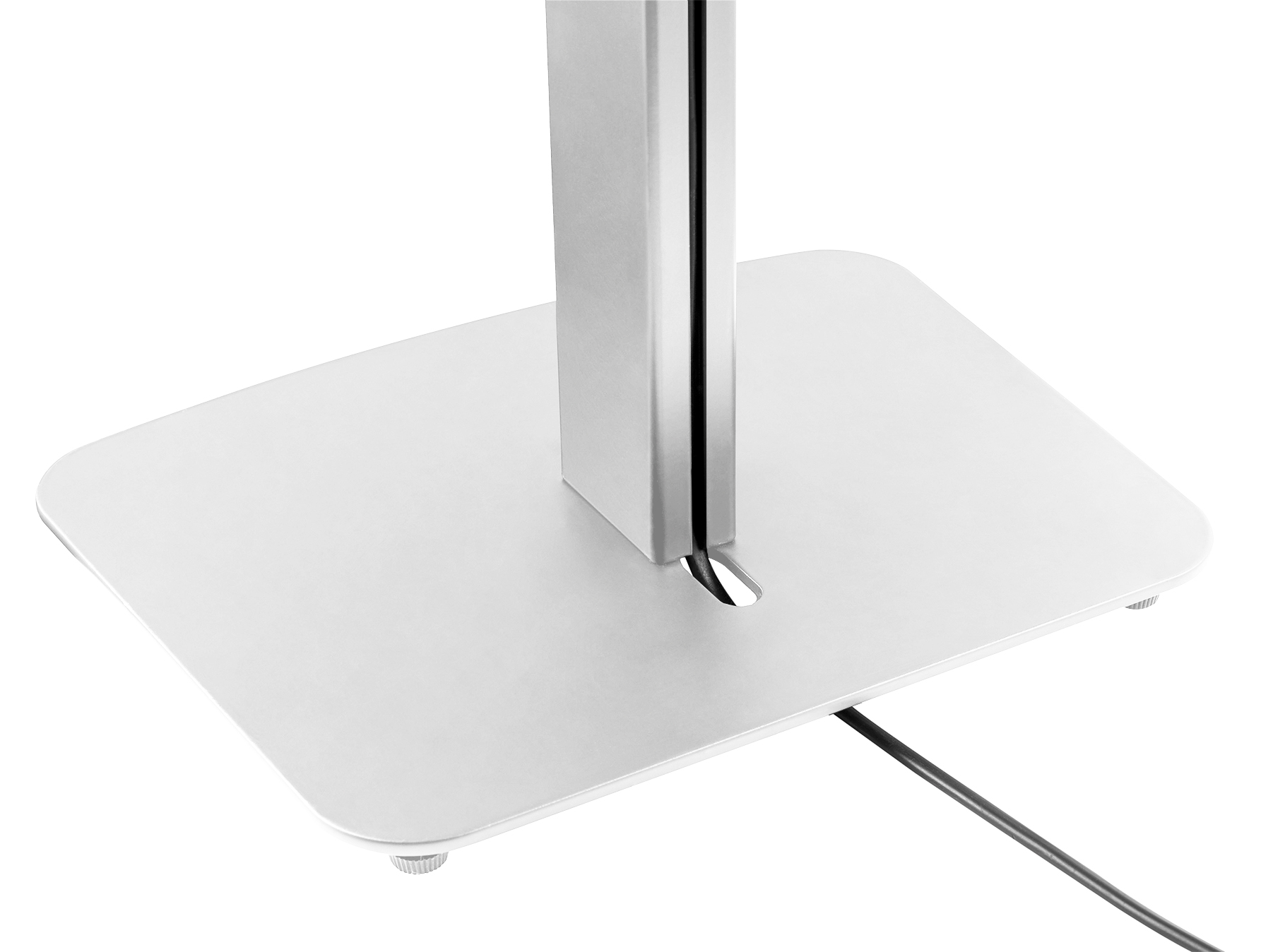 Ein weißer Bodenständer mit zentraler Metallstütze. Ein schwarzes Kabel kommt heraus.