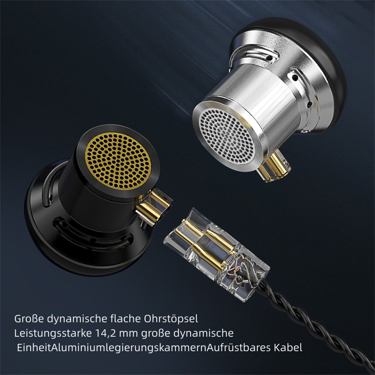 Ohrhörer mit Metall- und schwarzen Komponenten. Ein Ohrhörer ist zerlegt, Stecker und Kabel sind sichtbar.
