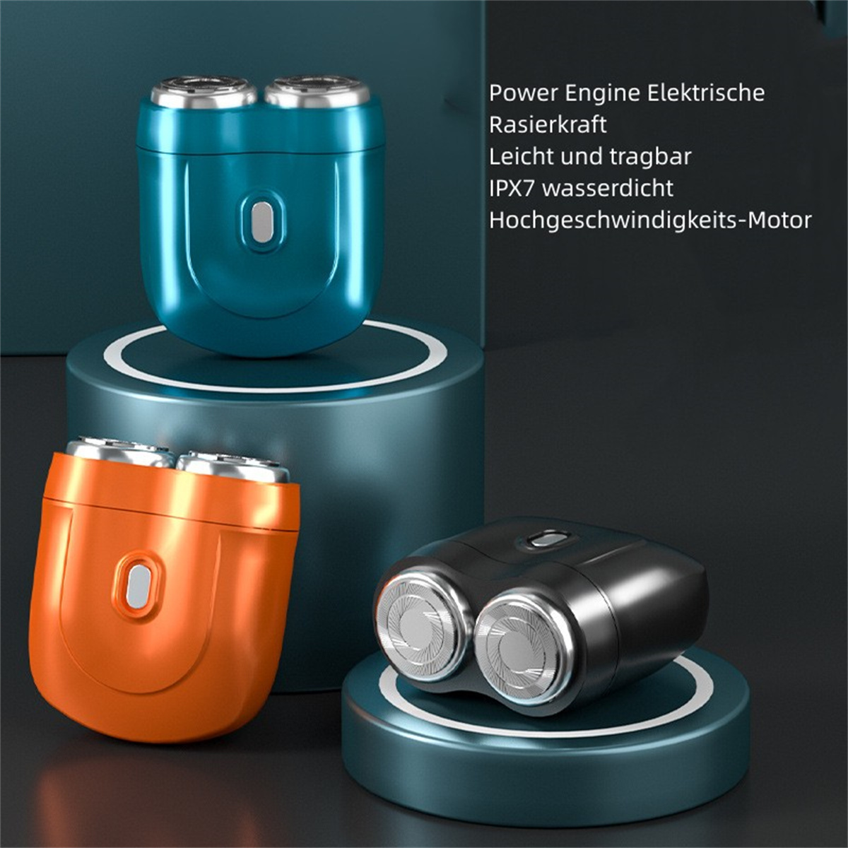 Elektrische Rasierer in Blau, Orange und Schwarz, auf einem blauen und grünen Podest.