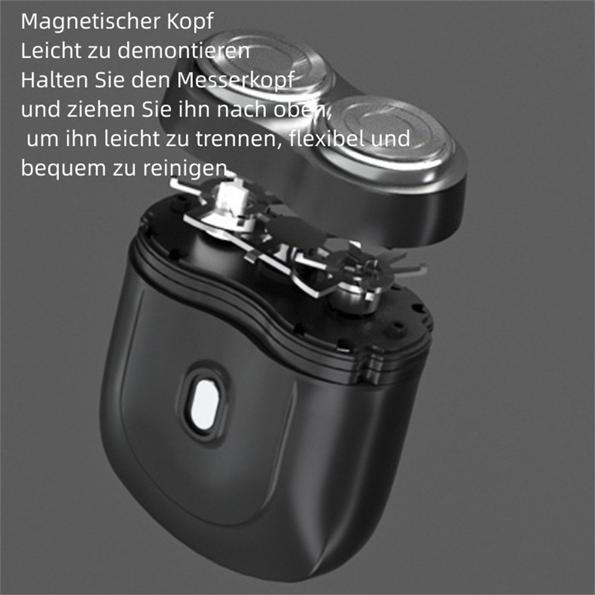 Schwarzer Elektrorasierer, zerlegt. Der Text lautet 'Magnetkopf' und 'leicht zu reinigen'.