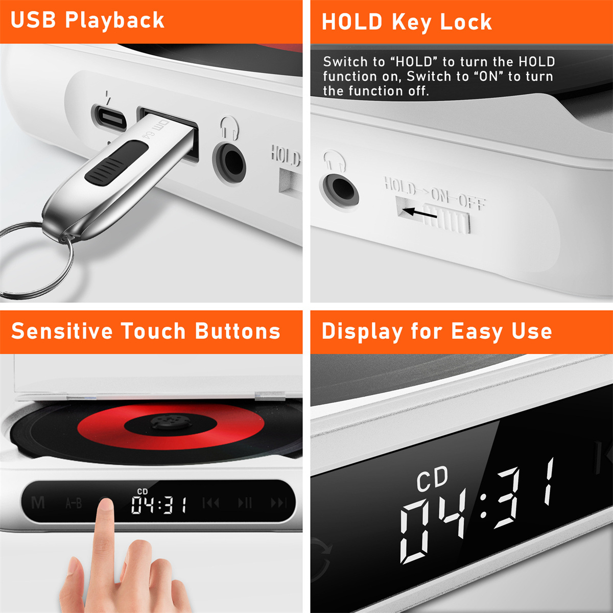 Nahaufnahme der CD-Player-Funktionen: USB, Hold-Tastensperre, empfindliche Touch-Tasten und Display.