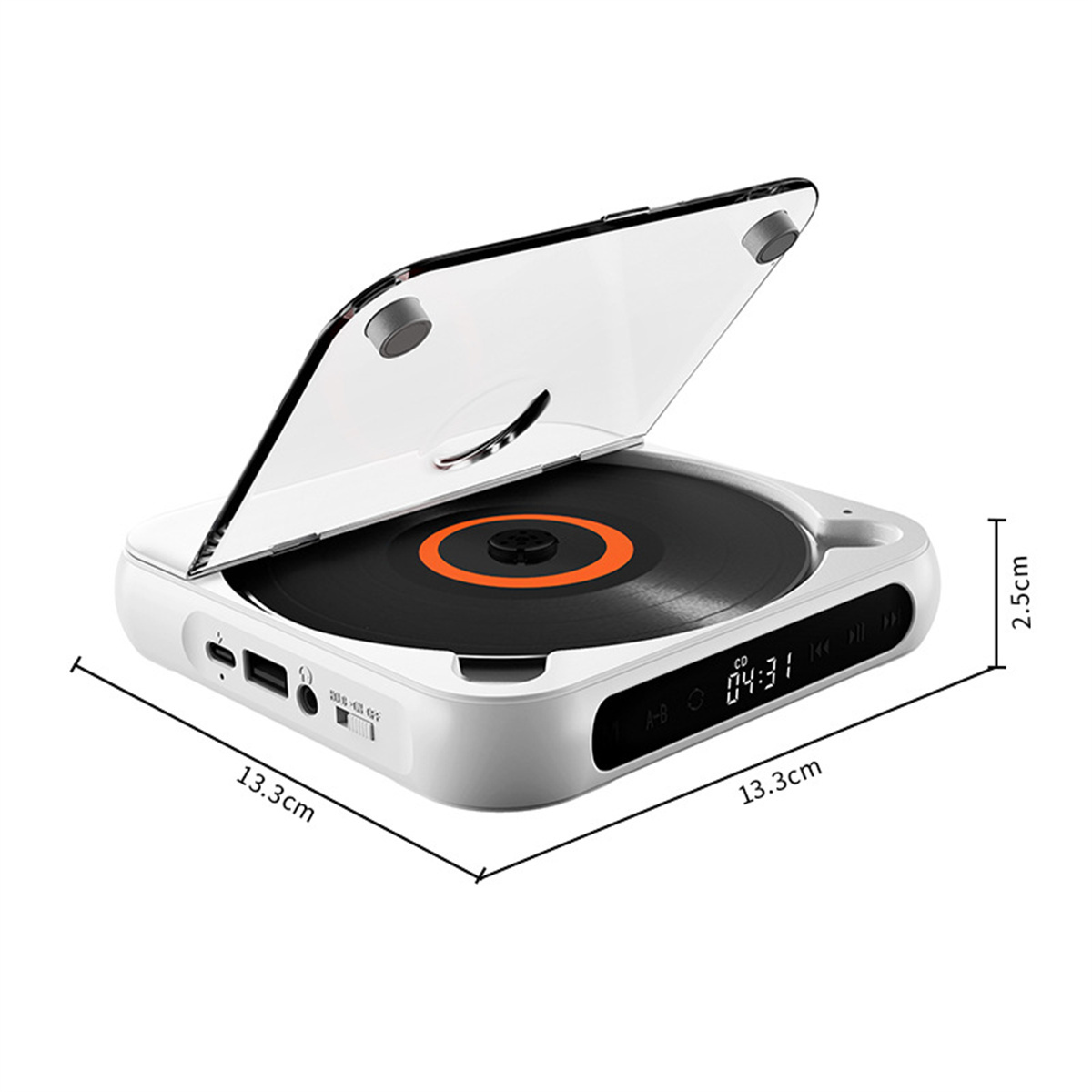 Weißer tragbarer CD-Player mit einer Schallplatte. Es hat Abmessungen und Knöpfe.
