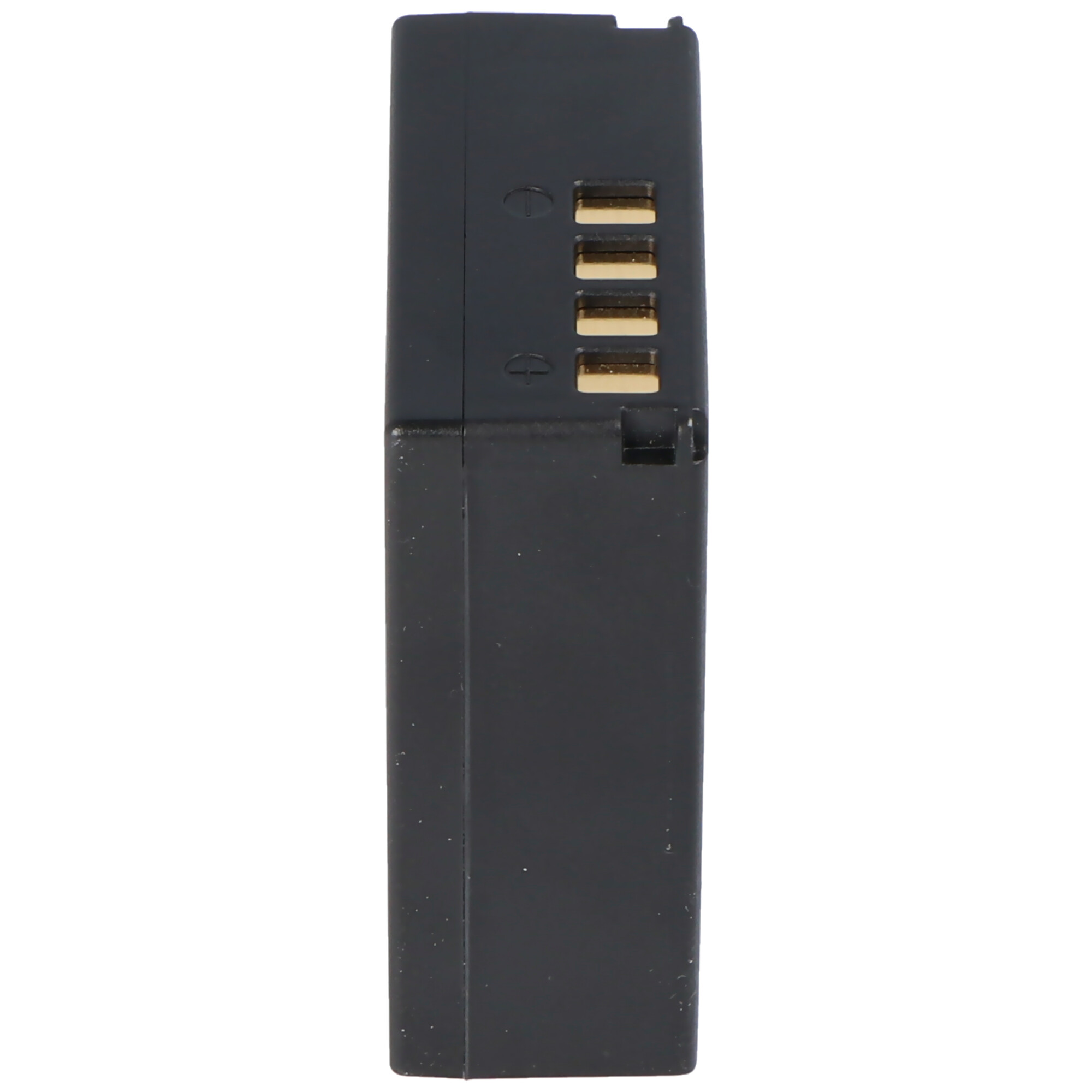 Schwarze, rechteckige Batterie. Weißer Hintergrund.