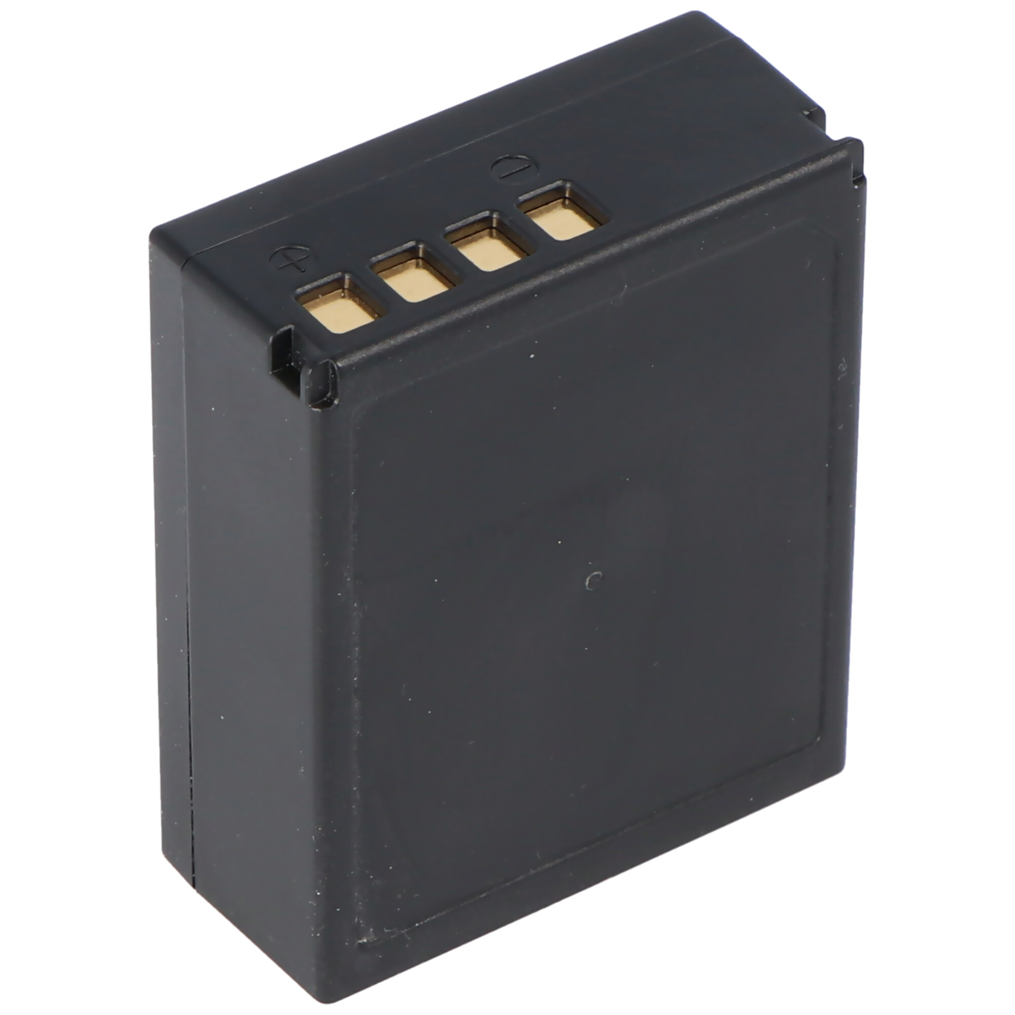 Eine schwarze Batterie mit goldenen Kontaktpunkten. Sie ist rechteckig und hat eine glatte Oberfläche.