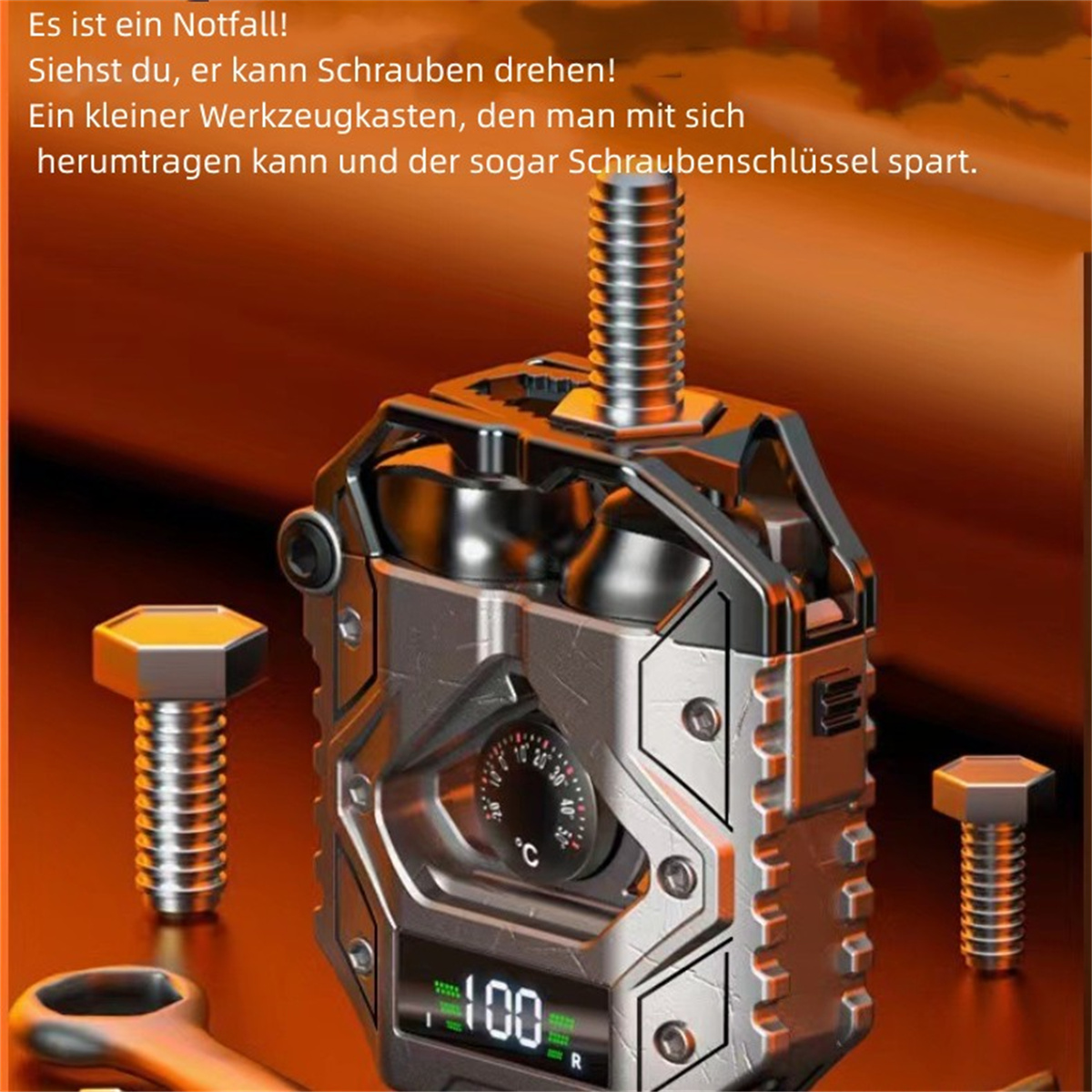 Metallwerkzeug mit Temperaturanzeige, Schrauben und Schraubenschlüssel. Dunkelorangener Hintergrund.