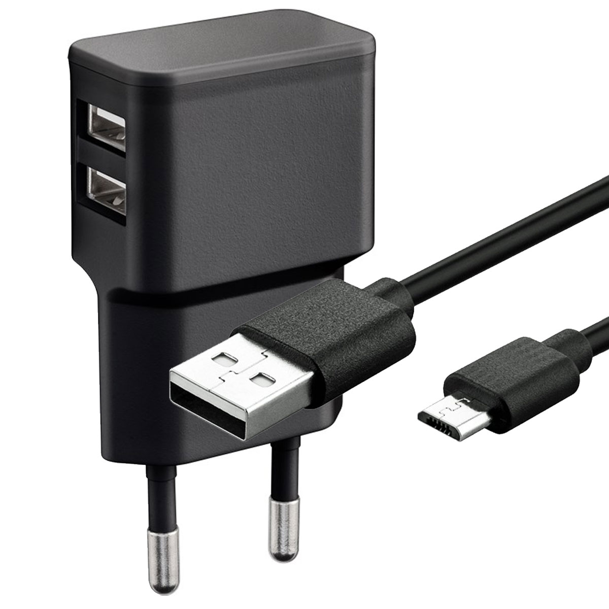 Ein schwarzes USB-Ladegerät mit zwei Anschlüssen und einem USB-zu-Micro-USB-Kabel.