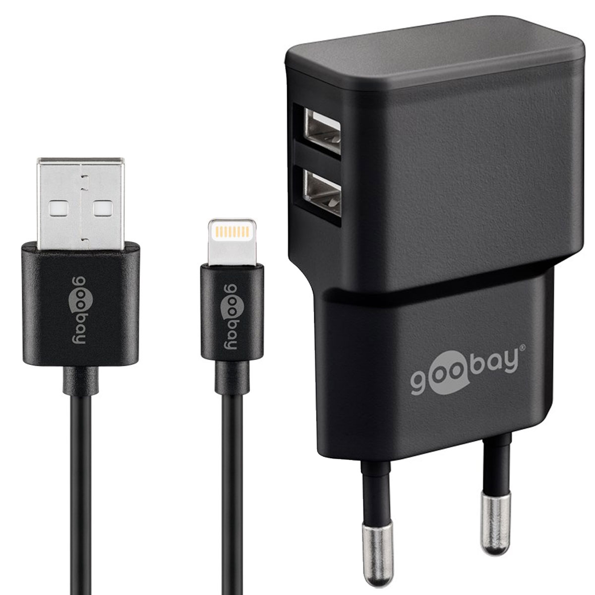 Drei schwarze Goobay-Ladezubehörteile: ein USB-Kabel und zwei Wandladegeräte.