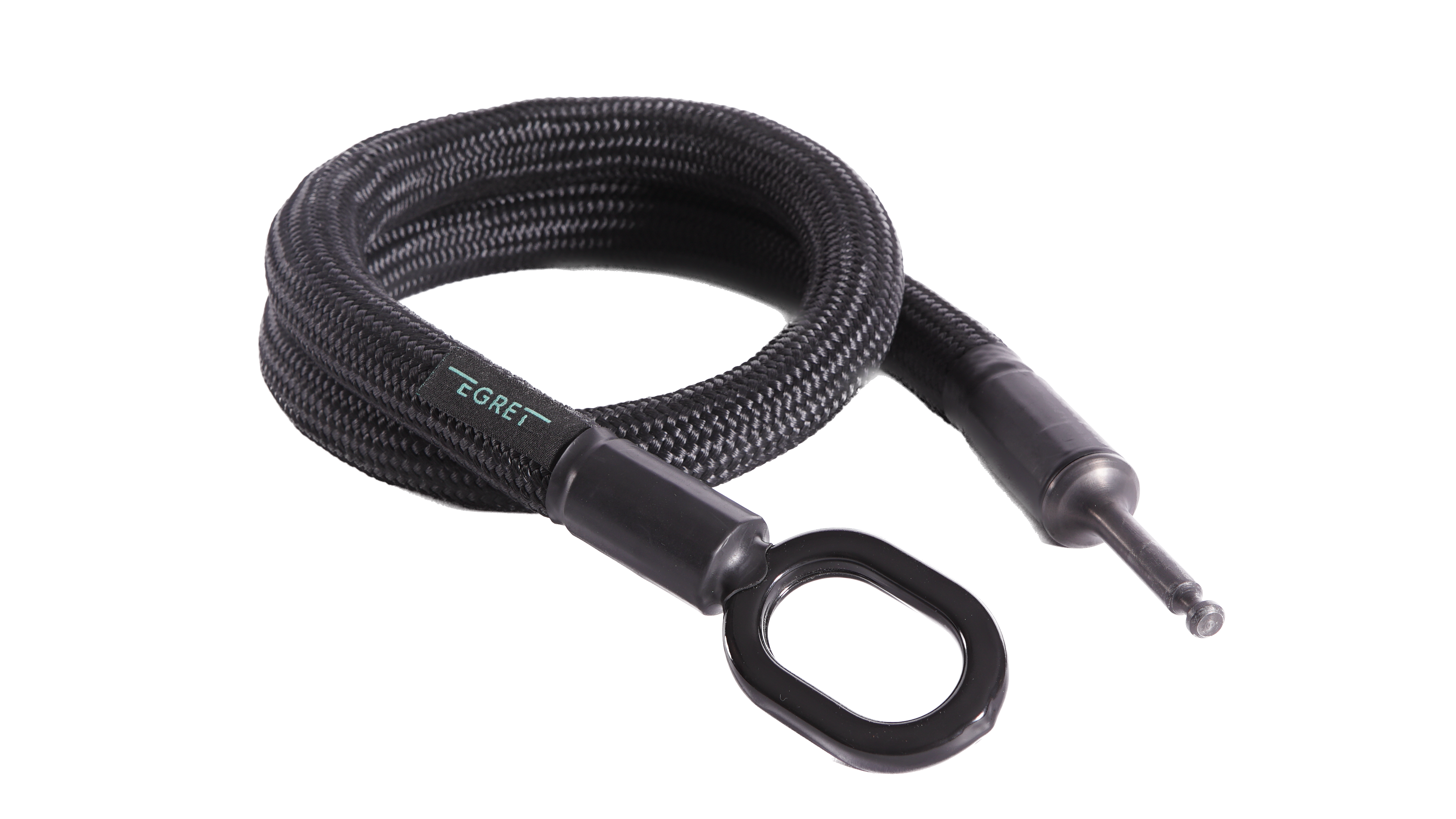 Ein schwarz geflochtenes Kabel mit rundem Ende und einem kleineren, spitz zulaufenden Ende, vor weißem Hintergrund.
