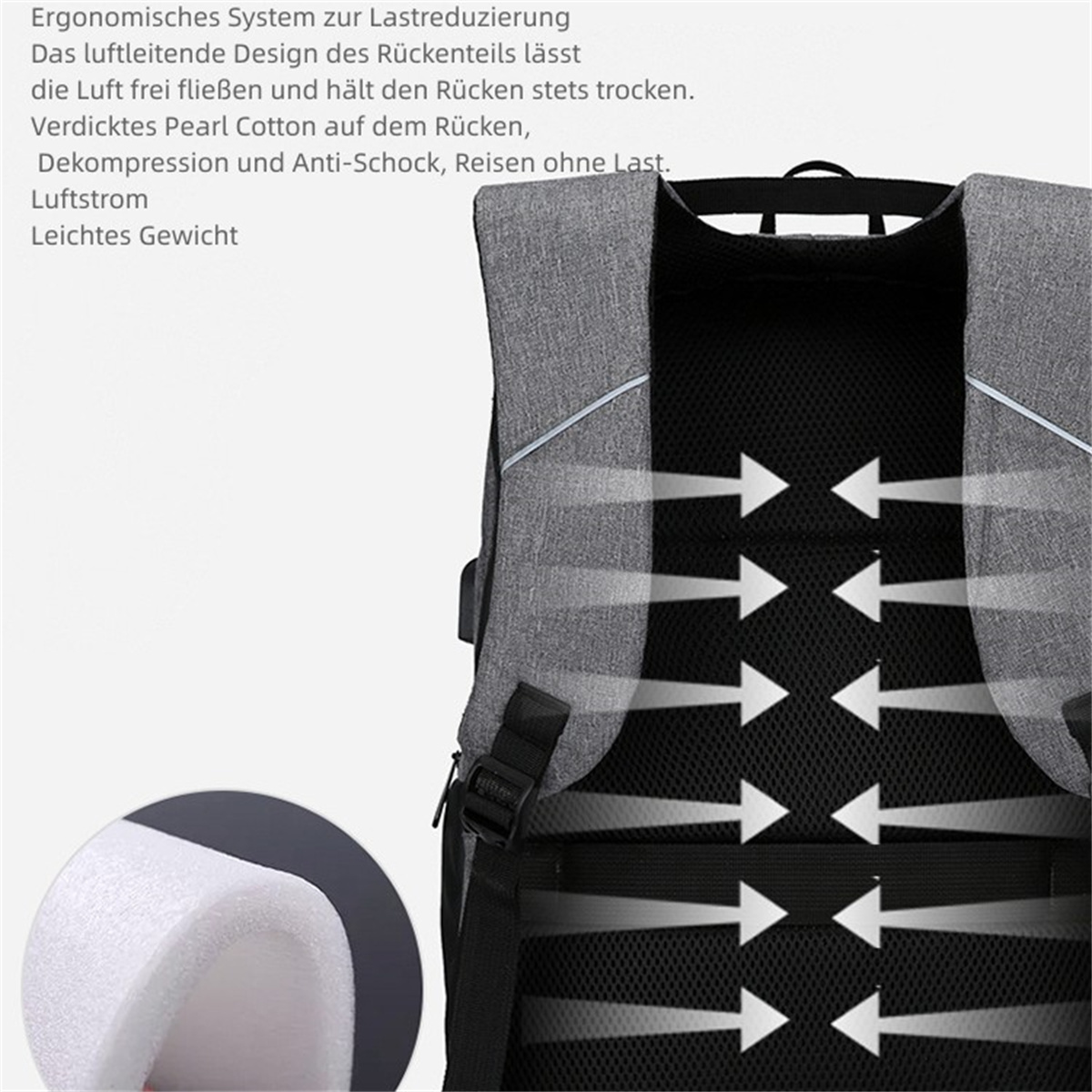 Rucksack mit Pfeilen, die den Luftstrom anzeigen. Grau- und Schwarztöne.