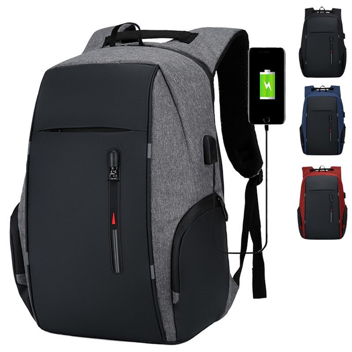 Ein schwarzer und grauer Rucksack mit einem ladenden Telefon an der Seite. Drei weitere Rucksäcke sind sichtbar.