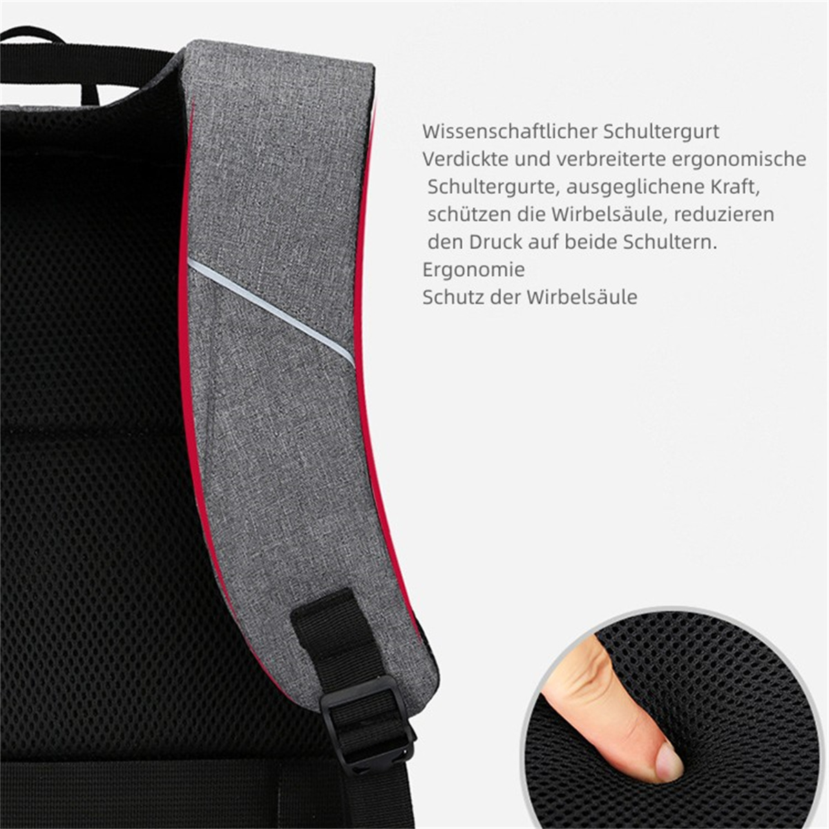 Nahaufnahme eines grauen Rucksack-Schultergurts mit Text über ergonomisches Design.