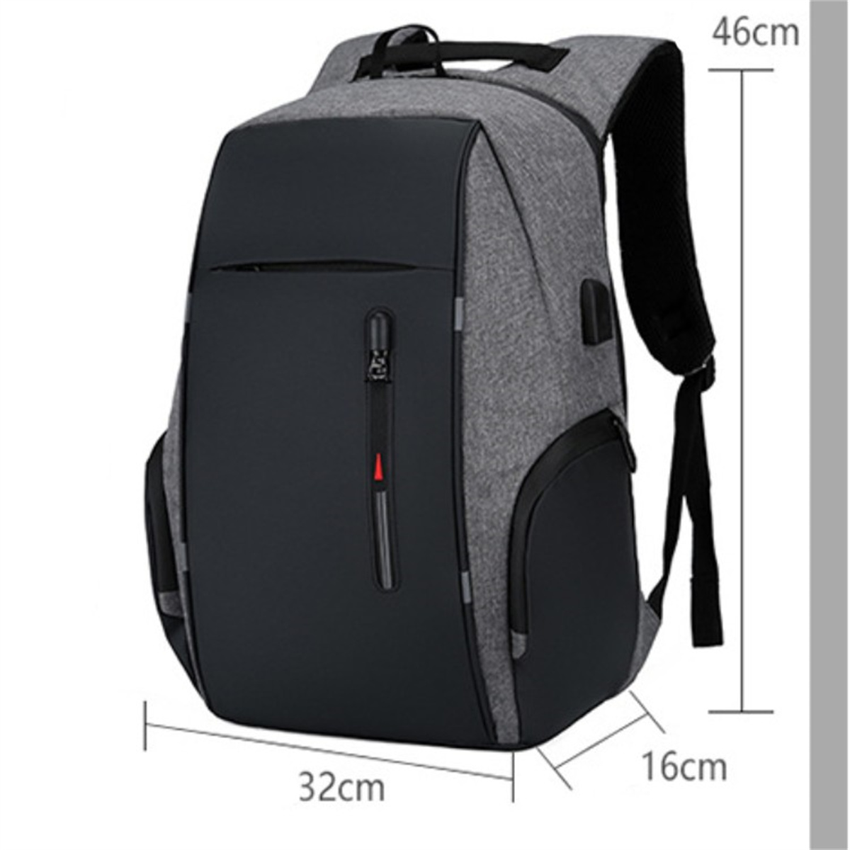 Schwarzer und grauer Rucksack mit den Maßen 32x16x46cm. Er hat einen Reißverschluss und USB-Anschluss.